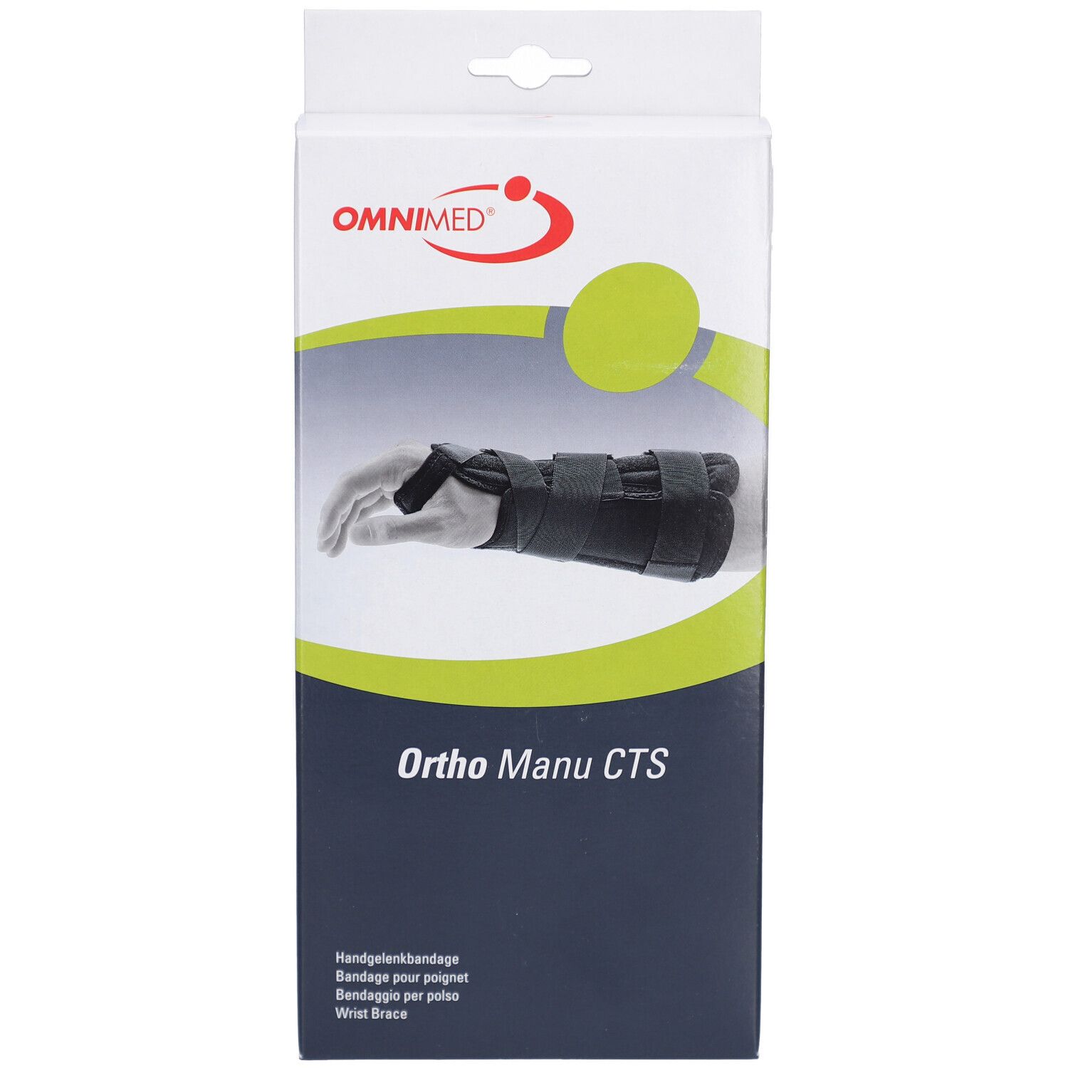 Verpackung der Handgelenkbandage OMNIMED Ortho Manu CTS. Abbildung eines Handgelenks mit Bandage. Text: Ortho Manu CTS.