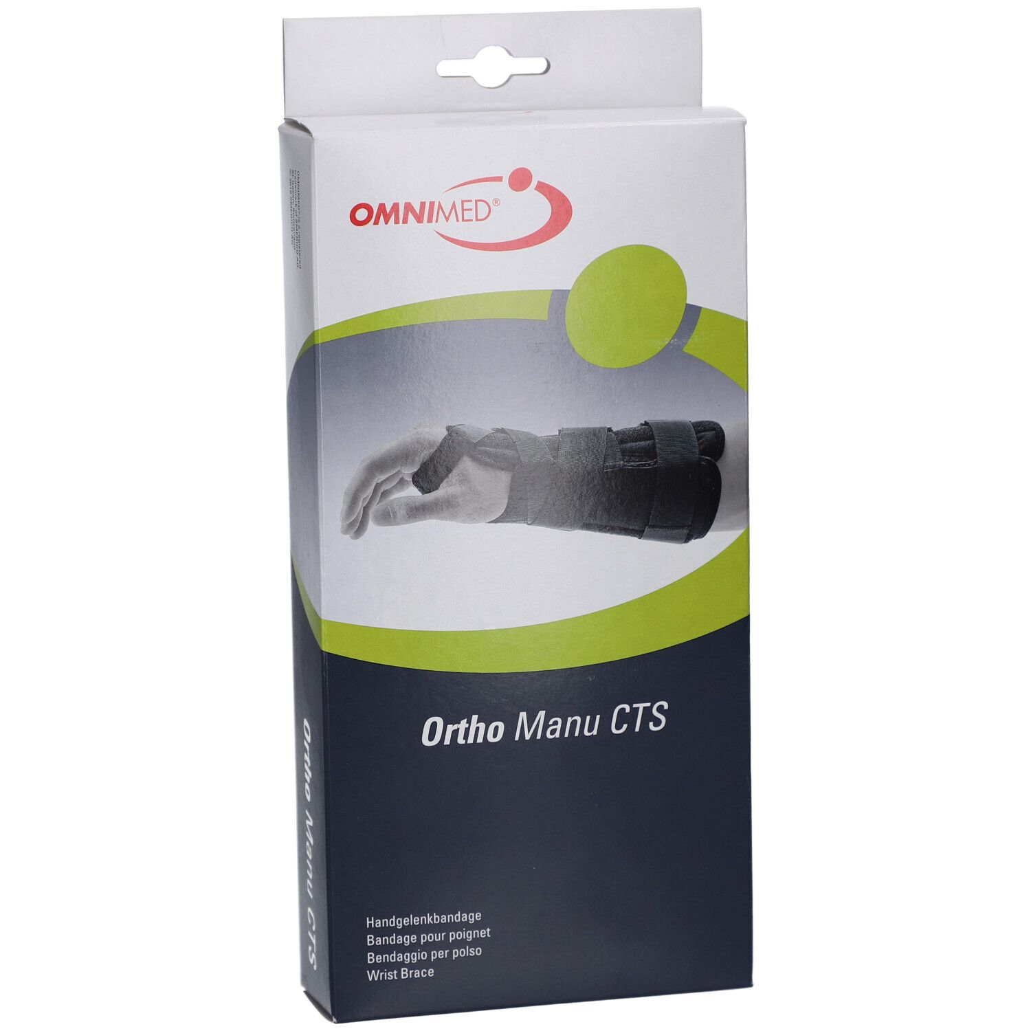 Verpackung der Handgelenkbandage OMNIMED Ortho Manu CTS. Abbildung eines Handgelenks mit Bandage. Text: Ortho Manu CTS.