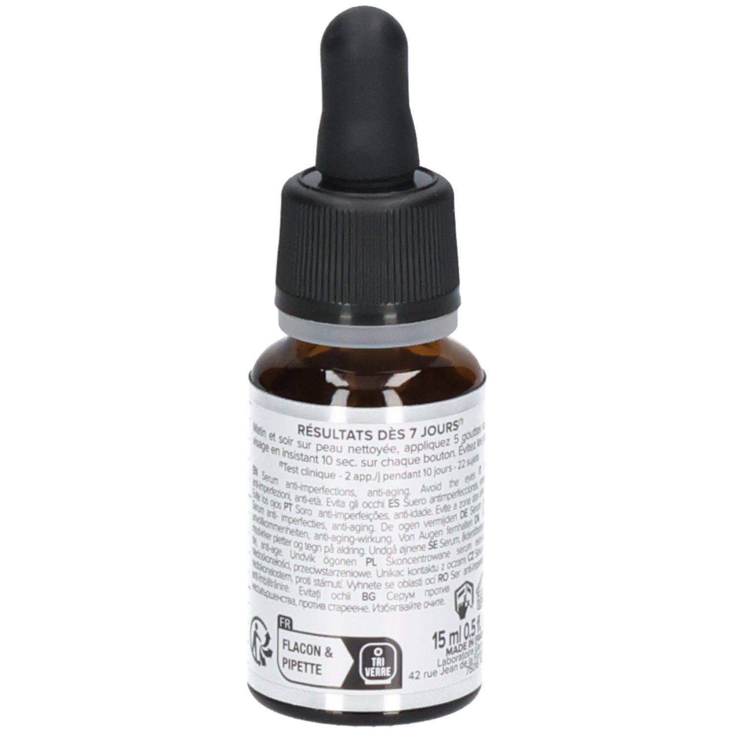Garancia L'elixir Du Marabout Serum: Seitenansicht der Flasche mit detaillierten Anwendungshinweisen und Produktinformationen.