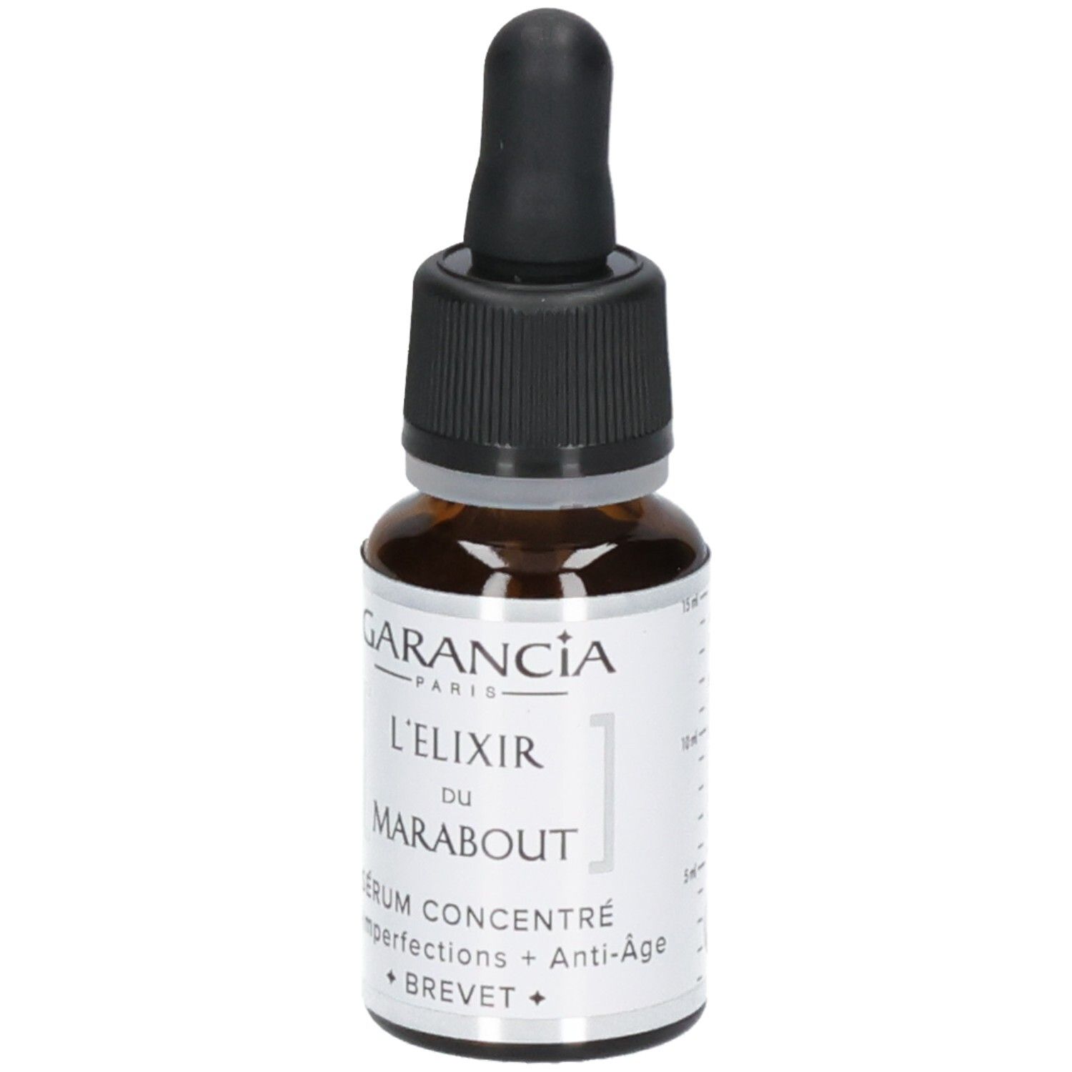 Garancia L'elixir Du Marabout Serum: Braunglasflasche mit Pipettenverschluss. Etikett mit Produktnamen und 'Sérum Concentré Anti-Imperfections + Anti-Age'.