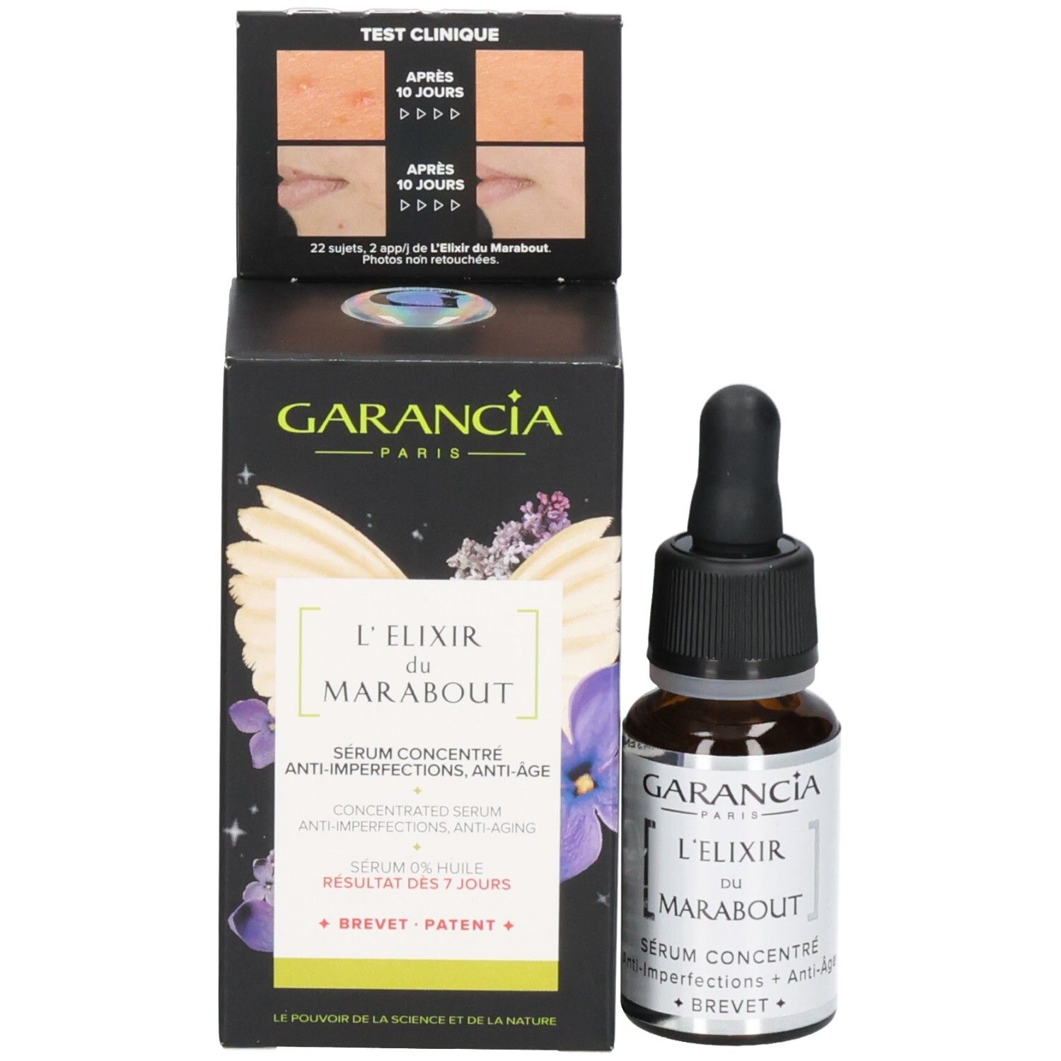 Garancia L'elixir Du Marabout Serum und Verpackung: Flakon neben der geöffneten Box mit klinischen Testergebnissen und Produktinformationen.