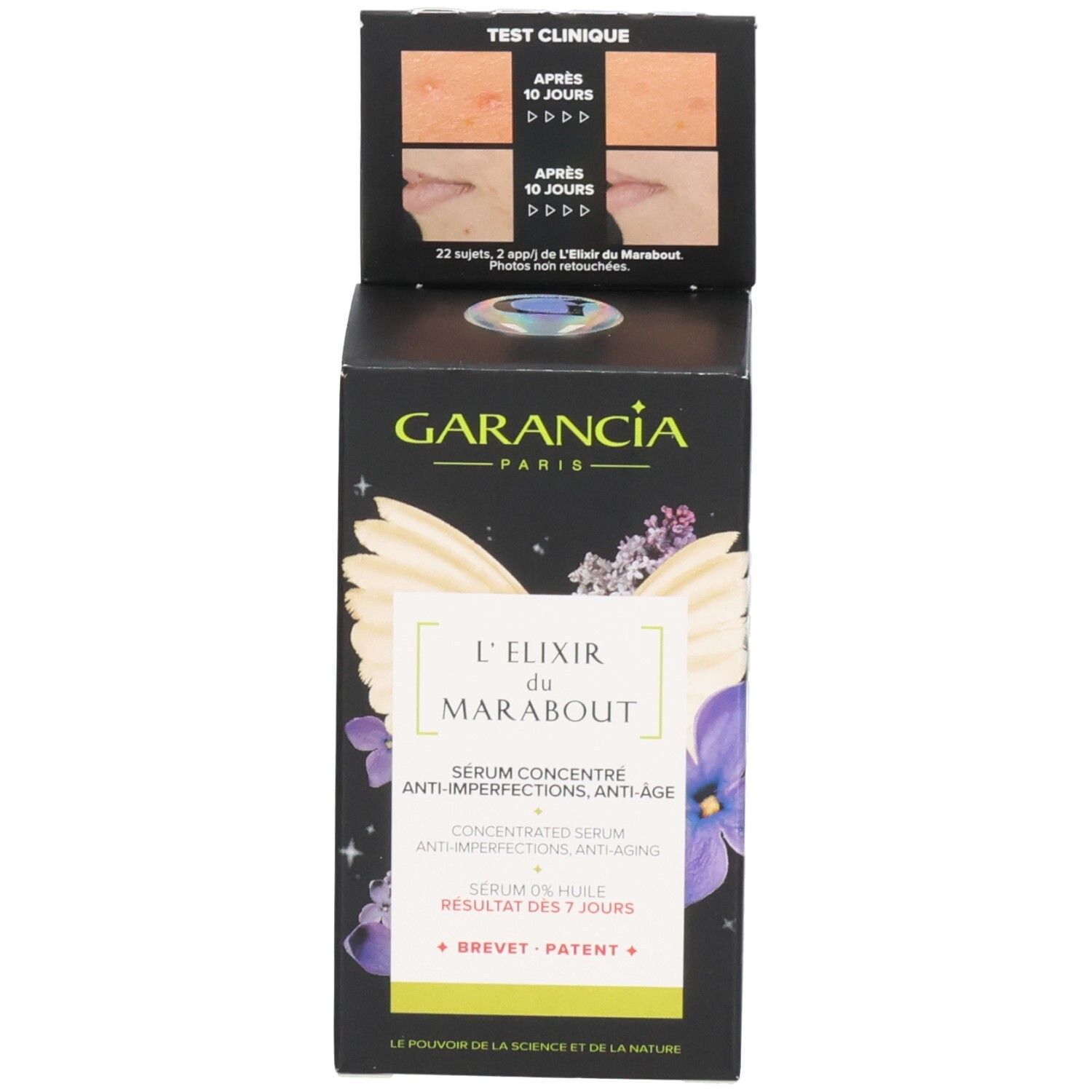 Garancia L'elixir Du Marabout Serum und Verpackung: Geöffnete Box mit klinischen Testergebnissen (Vorher/Nachher) und Produktinformationen.