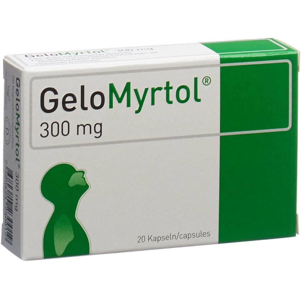 Weiß-grüne Schachtel mit "GeloMyrtol 300 mg". Enthält 20 Kapseln. Logo einer Person. Text: 20 Kapseln/capsules.