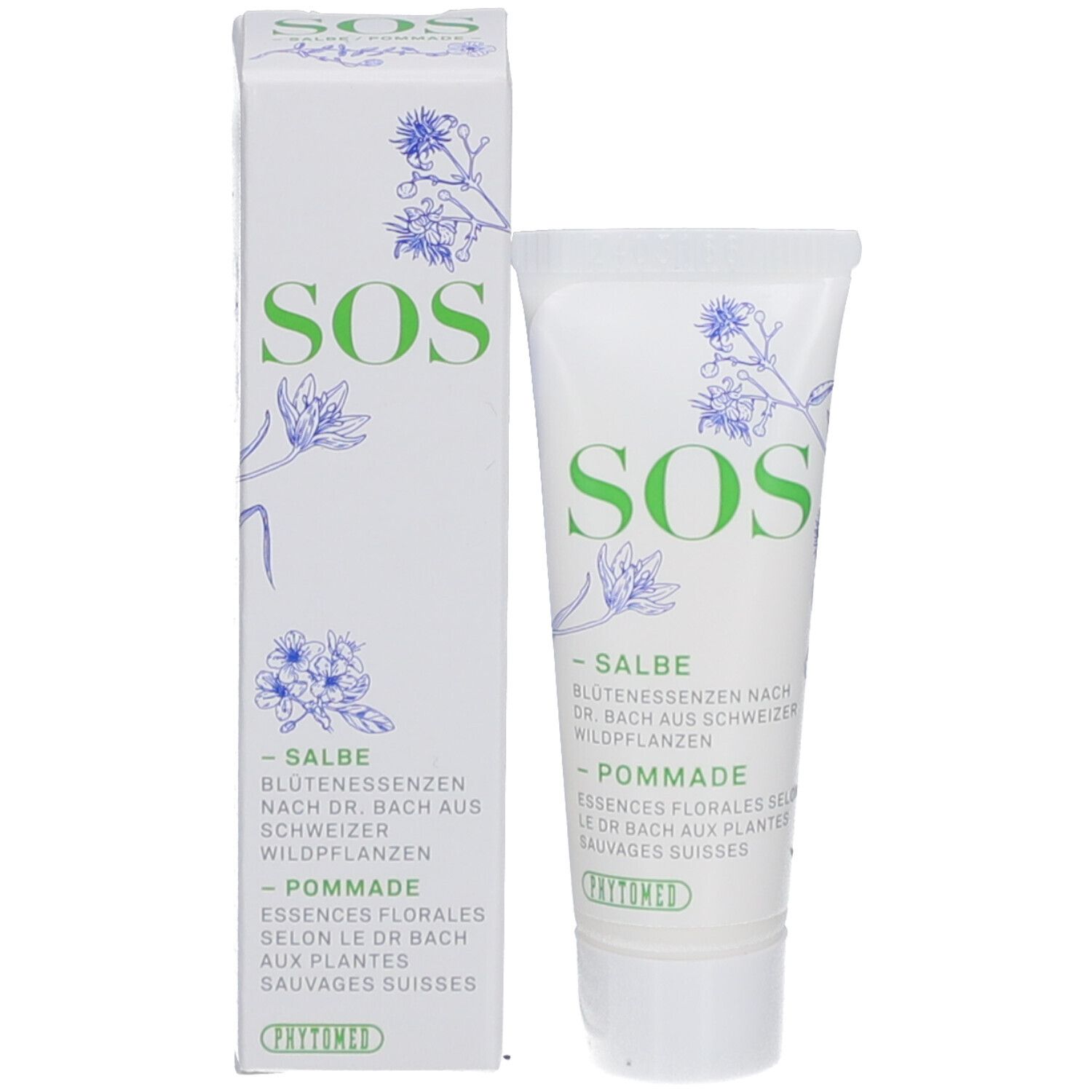 Produktverpackung: Tube und Schachtel. Tube: weiß mit grünem SOS. Schachtel: weiß mit floralem Muster und Text.