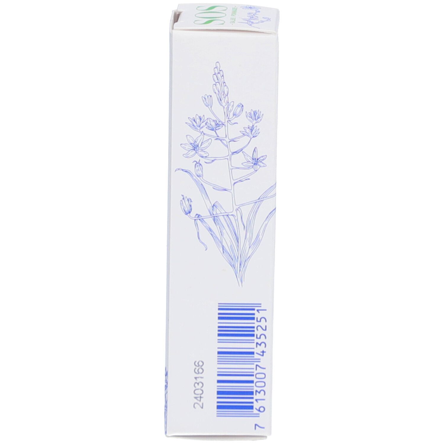 Seite der Schachtel mit Barcode und Produktinformationen. Herstellerinformationen und Chargennummer.