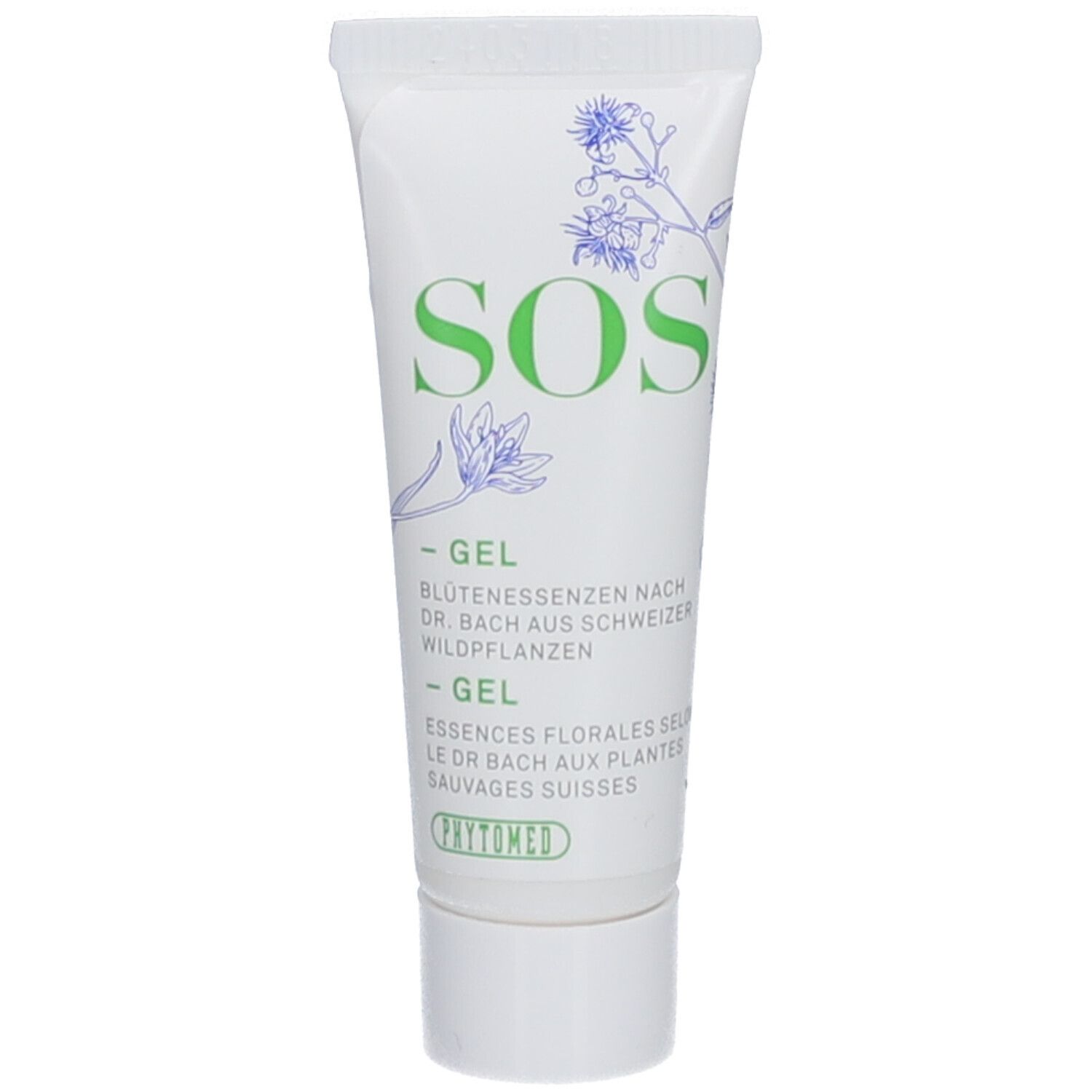 Weiße Tube mit grünem "SOS"-Schriftzug und floralen Illustrationen. "- GEL" und "PHYTOMED" sind ebenfalls sichtbar.