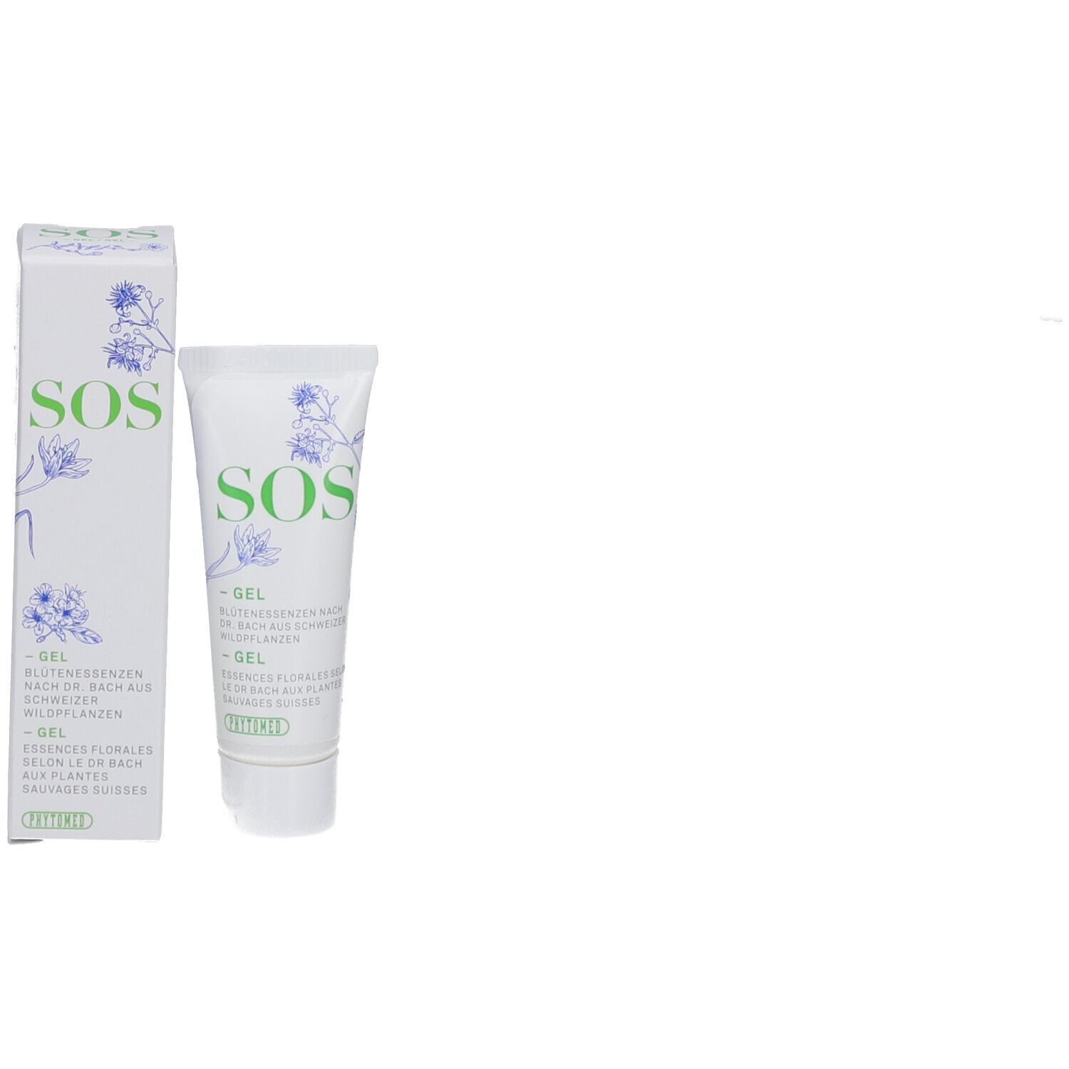Produktverpackung mit Tube und Karton. Beide zeigen "SOS" und florale Illustrationen. "PHYTOMED" ist sichtbar.