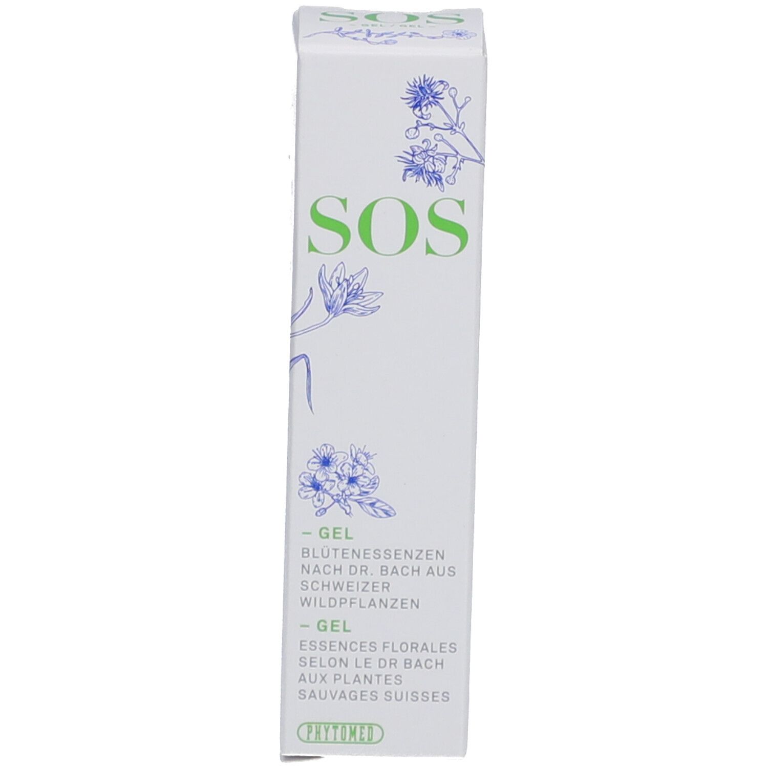 Weiße Produktverpackung mit grünem "SOS"-Schriftzug und floralen Illustrationen. Text in Deutsch und Französisch.
