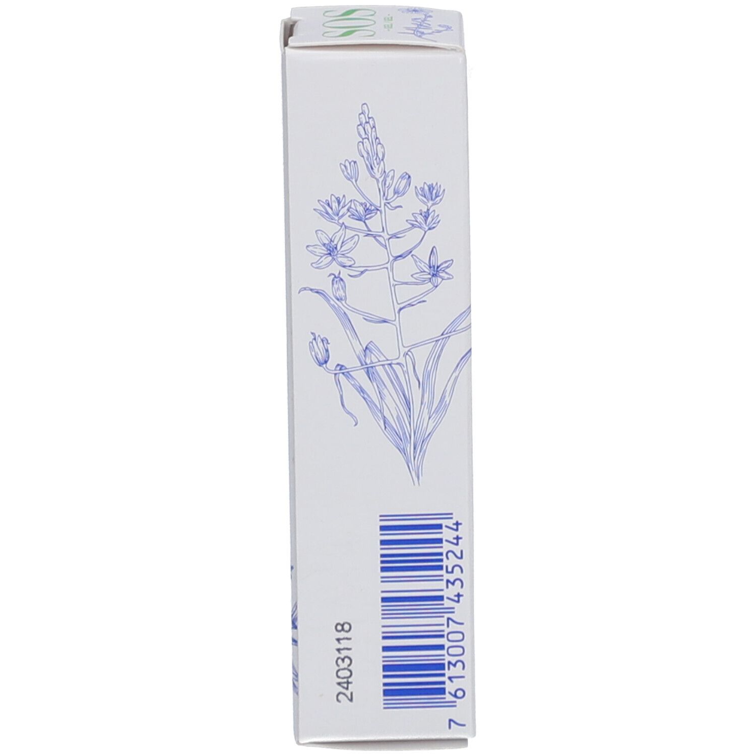 Seitenansicht der Produktverpackung. Barcode und florale Illustrationen. Text in Deutsch und Französisch.