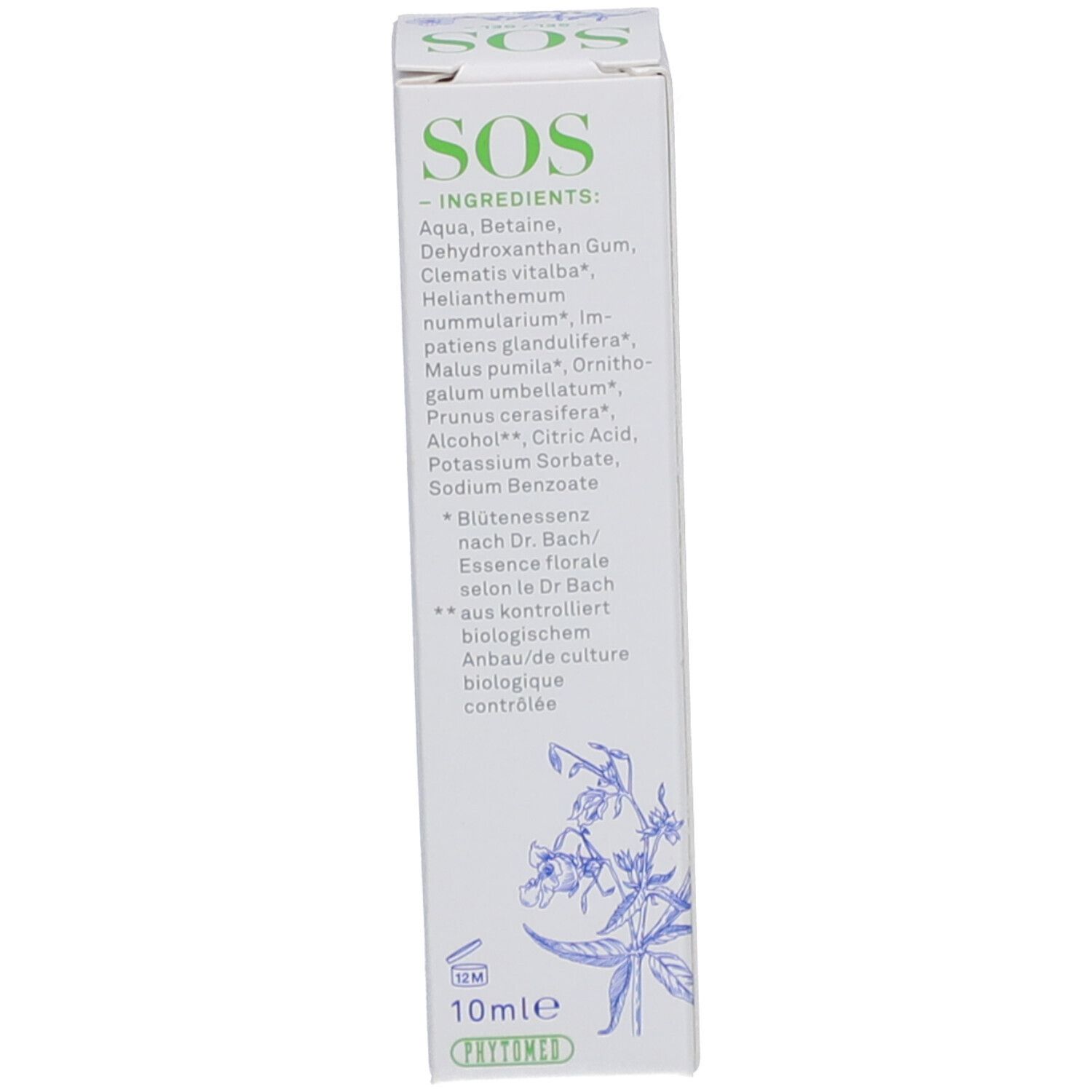 Rückseite der Produktverpackung. Enthält Inhaltsstoffe und Text in Deutsch und Französisch. 10ml.