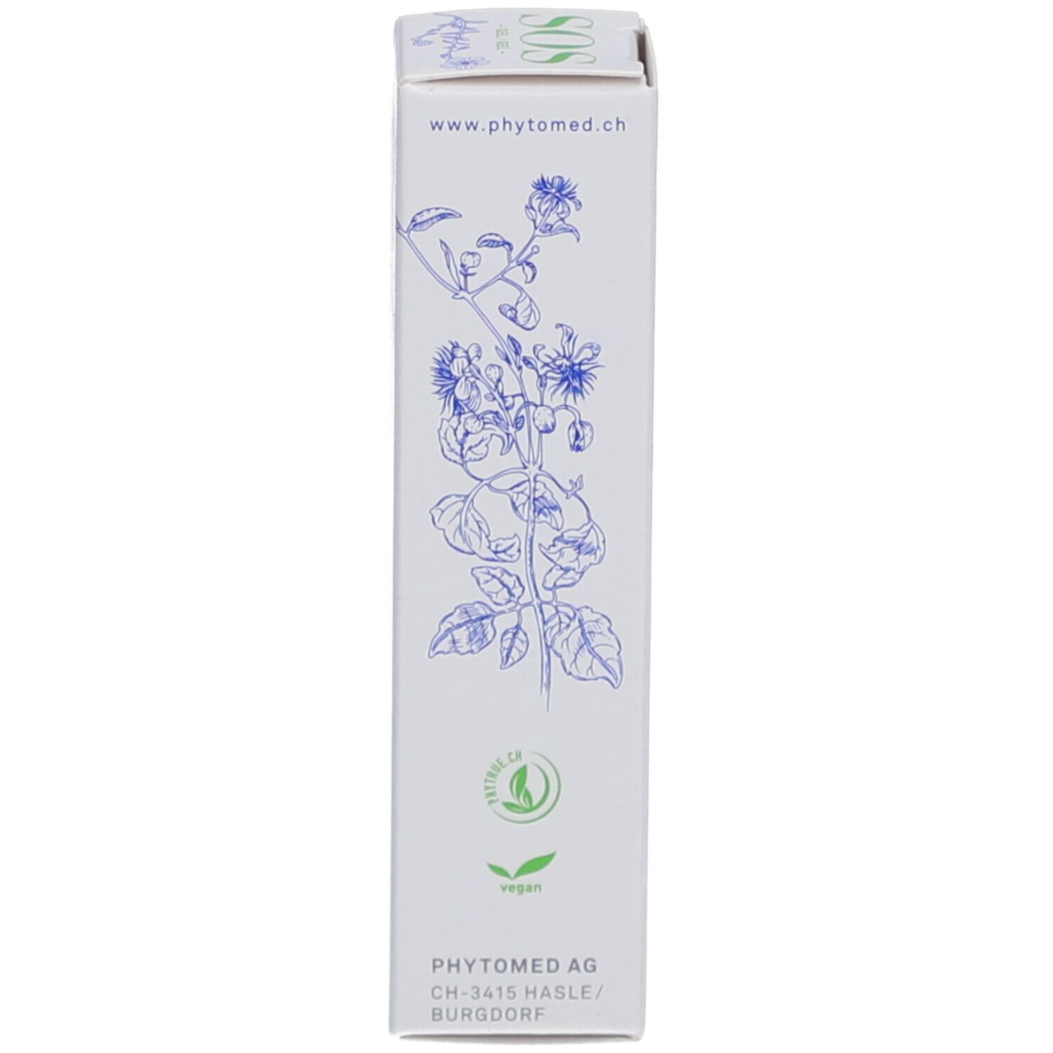 Oberseite der Produktverpackung. Website-Adresse, Logo und Adresse des Herstellers. Vegan-Siegel.