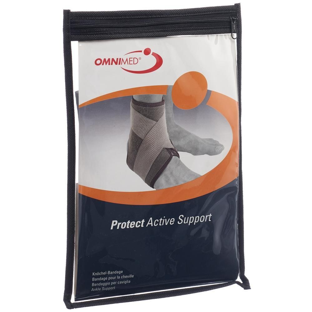Verpackung mit Knöchelbandage. OMNIMED Logo. Aufdruck: Protect Active Support. Reißverschluss. Transparente Verpackung.