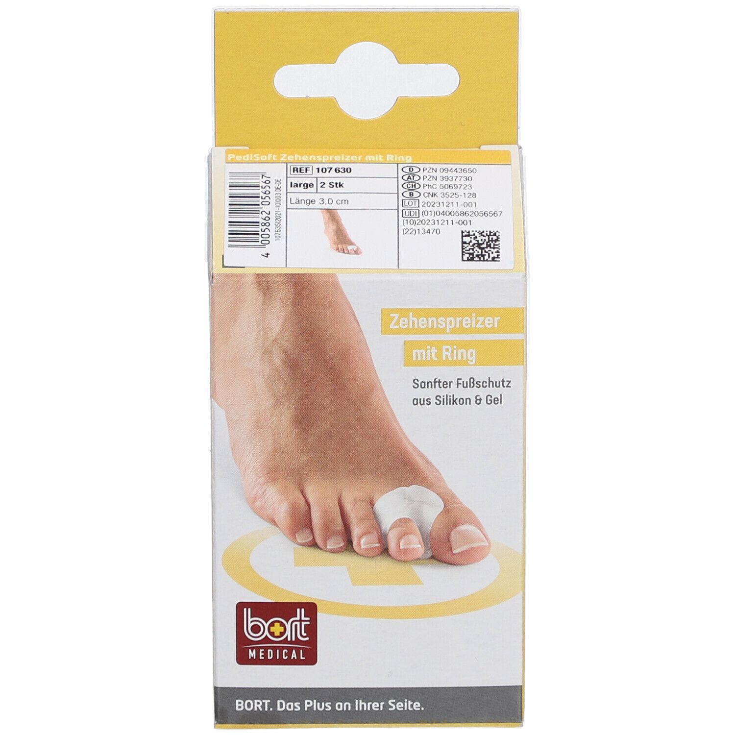 Emballage de séparateur d'orteils avec anneau. Pied illustré. Marque : PediSoft, BORT MEDICAL.