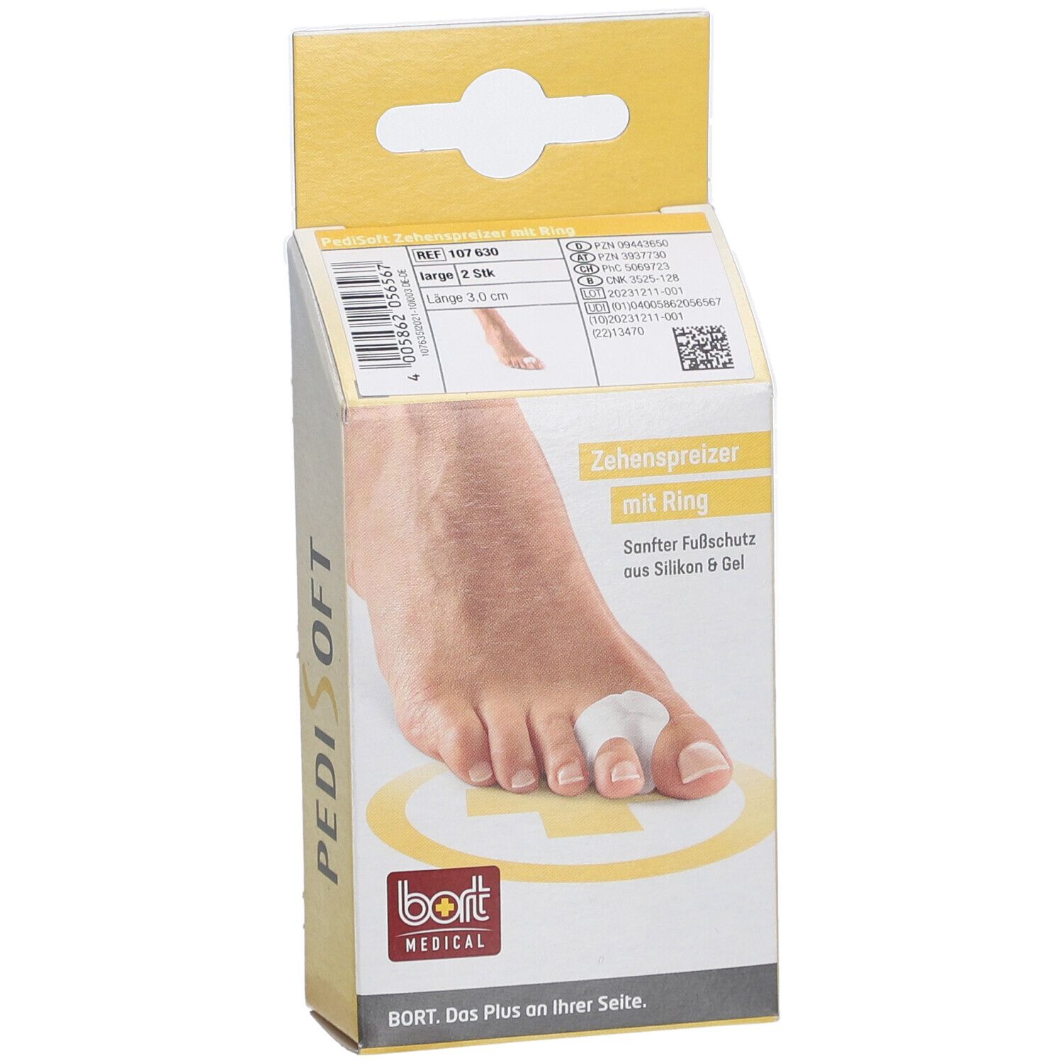 Emballage de séparateur d'orteils avec anneau. Pied illustré. Marque : PediSoft, BORT MEDICAL.