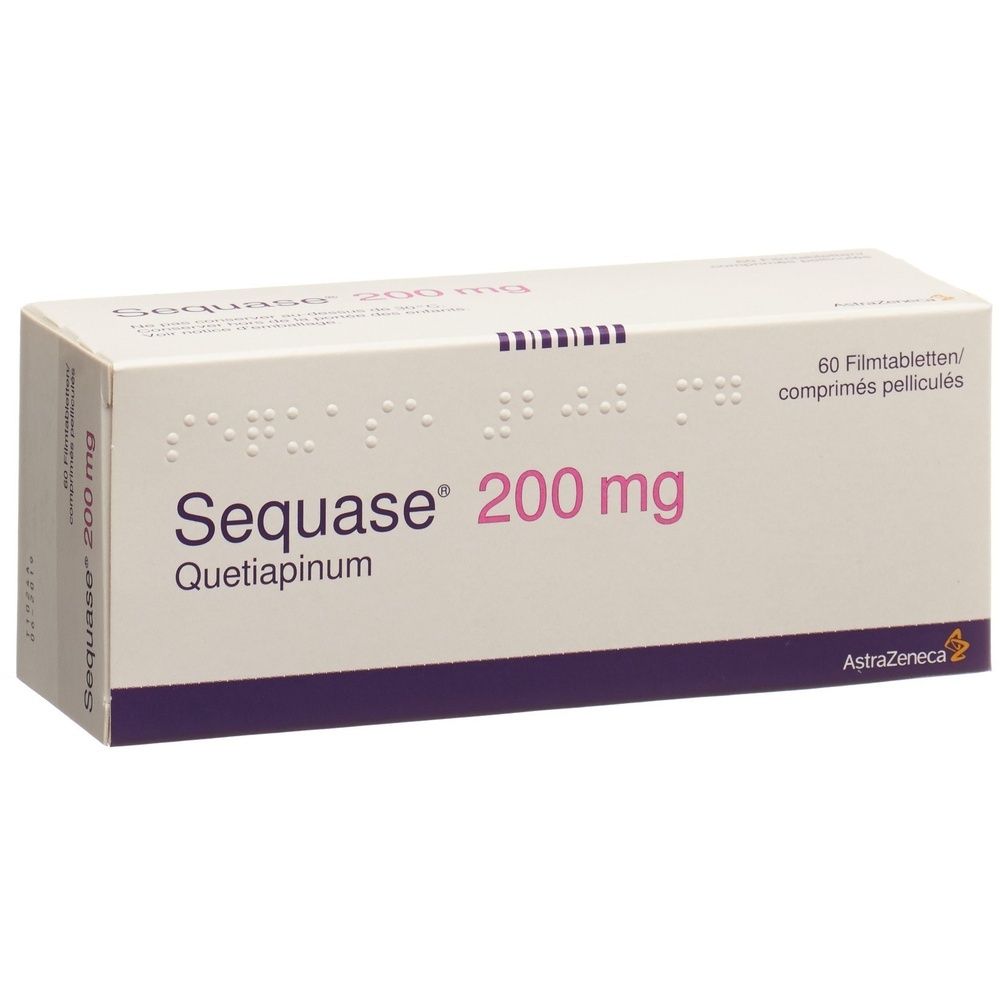 Karton mit der Aufschrift SEQUASE Filmtabl 200 mg. Rechteckige Form, weiß mit lila und grauen Akzenten.