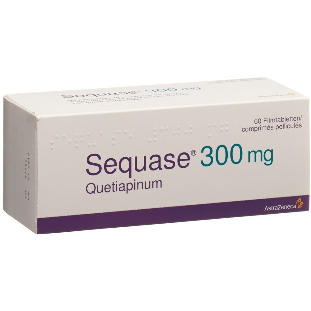Kartonverpackung mit der Aufschrift "Sequase 300 mg". Rechteckige Form, weiß mit lila Akzenten. Enthält 60 Tabletten.