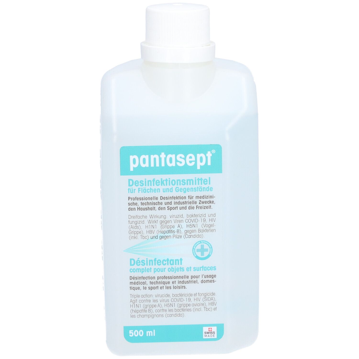 Transparente Flasche mit weißem Deckel. Aufschrift "pantasept" und weitere Informationen in deutscher und französischer Sprache.