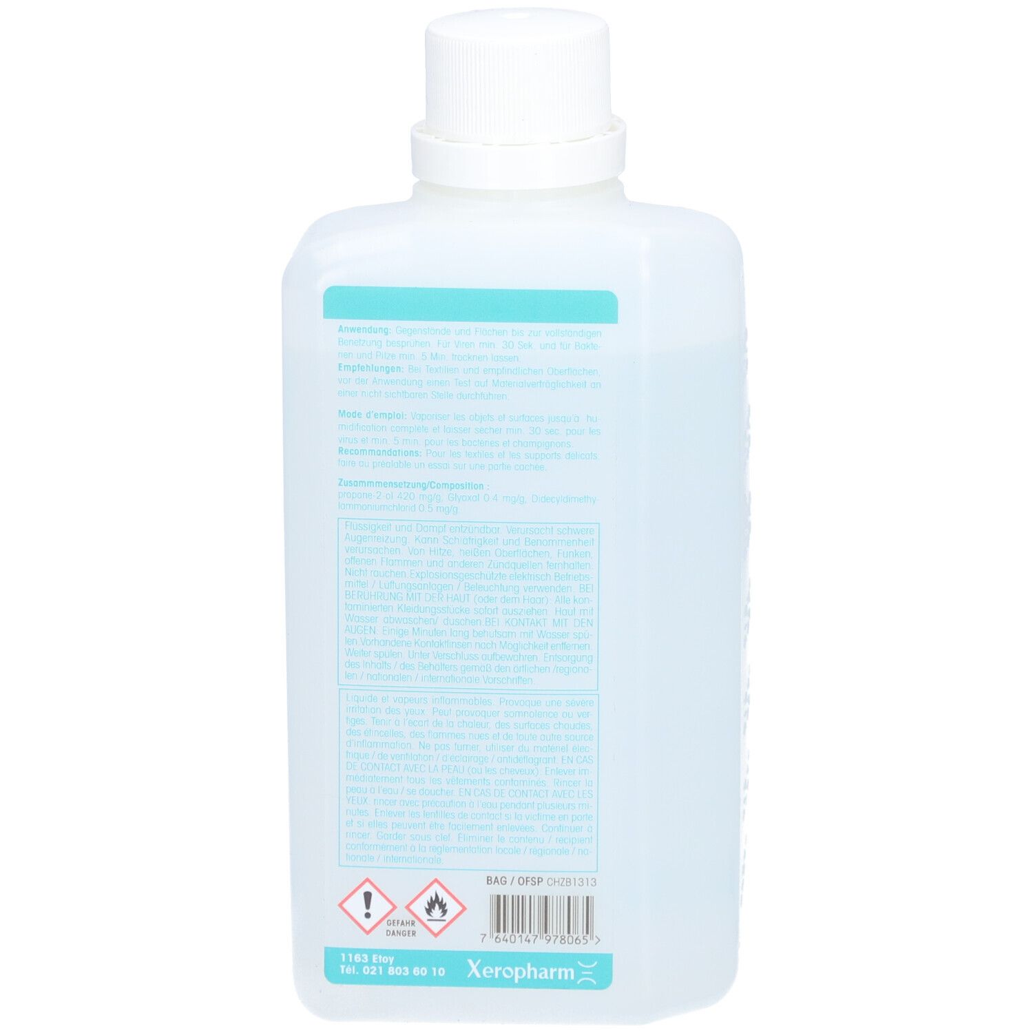 Rückseite einer transparenten Flasche mit weißem Deckel. Text in deutscher Sprache und Warnhinweise.