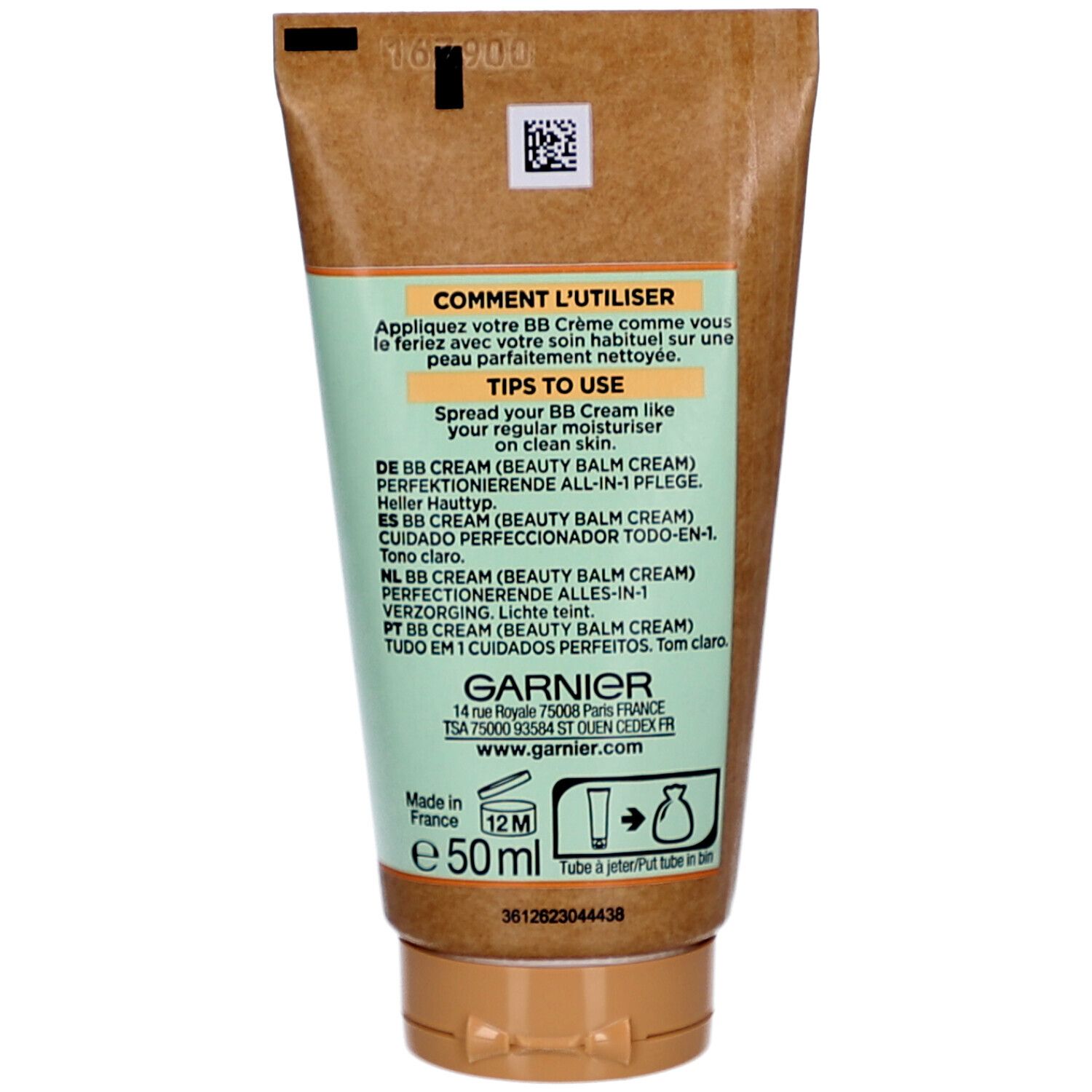 Dos du tube de Garnier BB Cream. Texte: Comment utiliser, Conseils d'utilisation, Ingrédients, Informations fabricant, 50 ml.