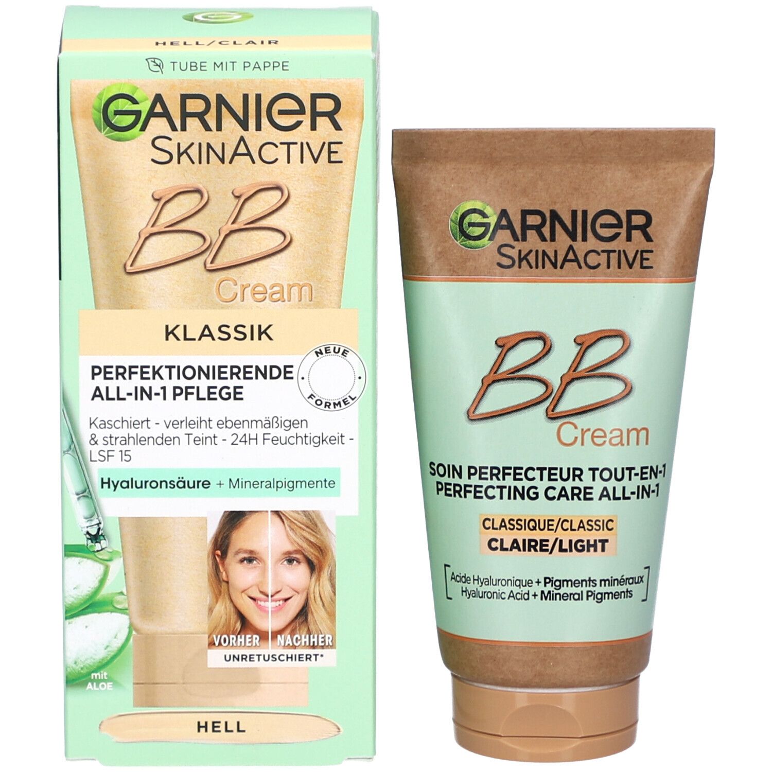 Garnier SkinActive BB Cream, tube et emballage. Inscription: BB Cream, Classique, Clair. Avec acide hyaluronique et pigments minéraux.