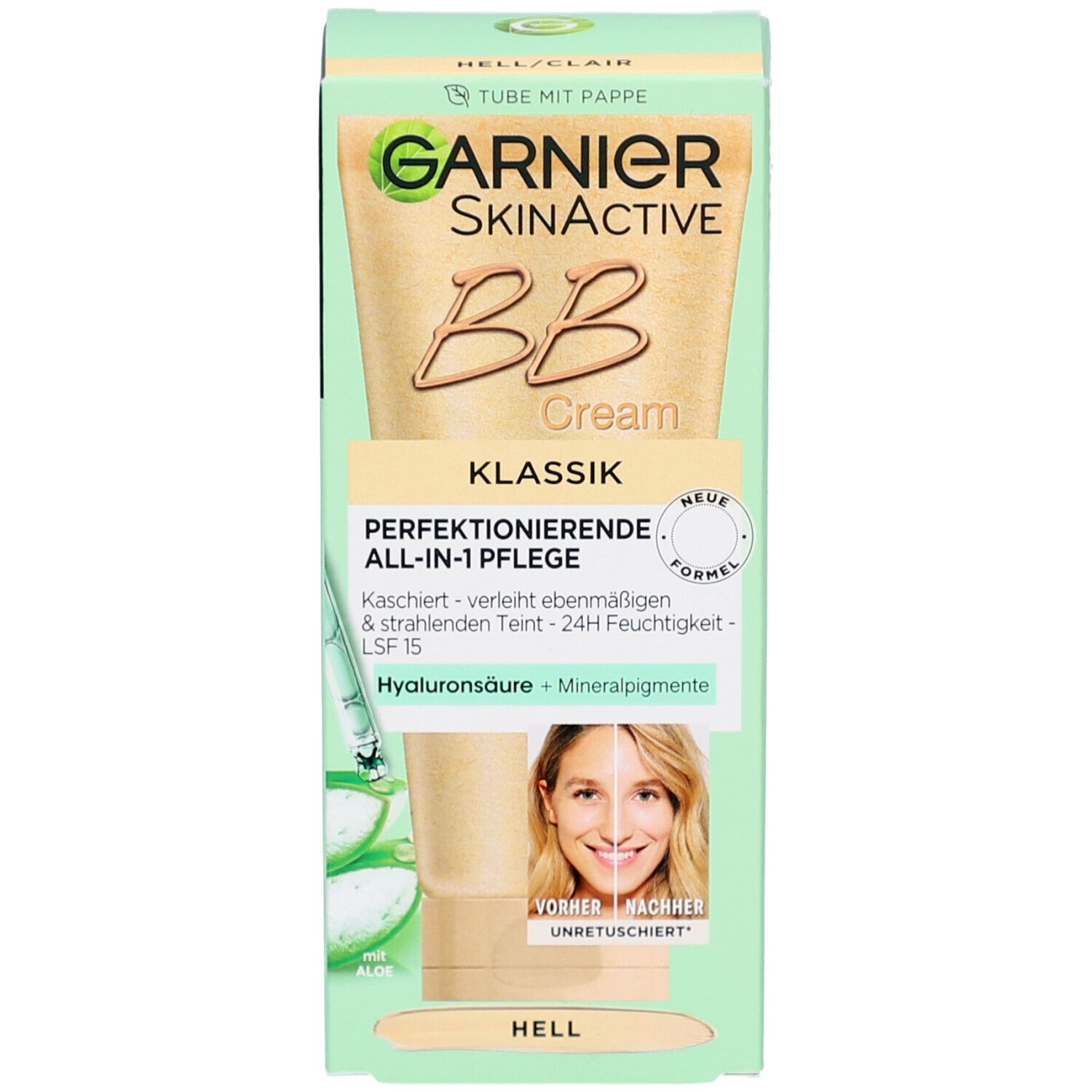 Emballage de Garnier SkinActive BB Cream. Inscription: BB Cream, Classique, Clair. Avec acide hyaluronique et pigments minéraux.