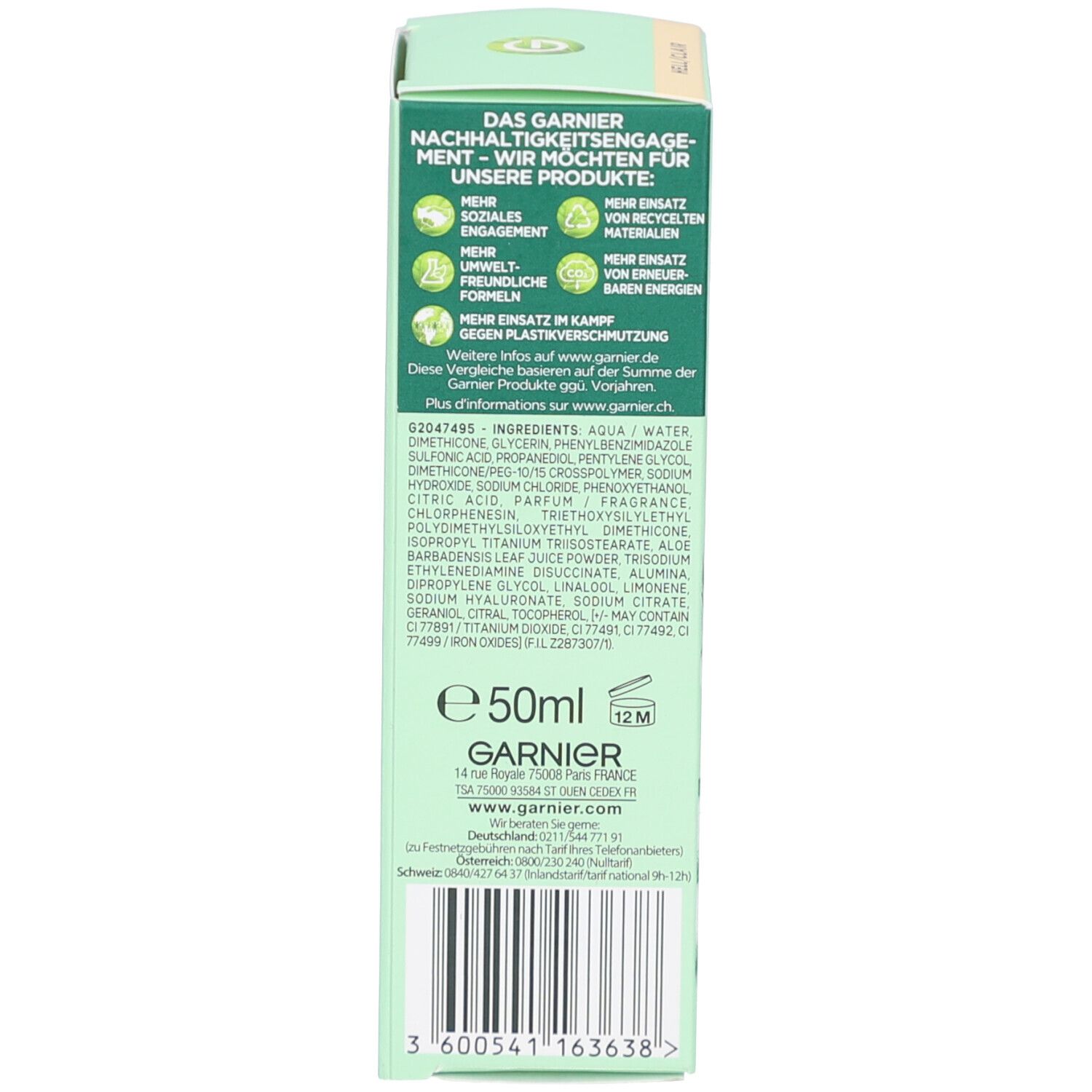 Dos de l'emballage Garnier BB Cream. Texte: Engagement de durabilité, Ingrédients, 50 ml, 12M.