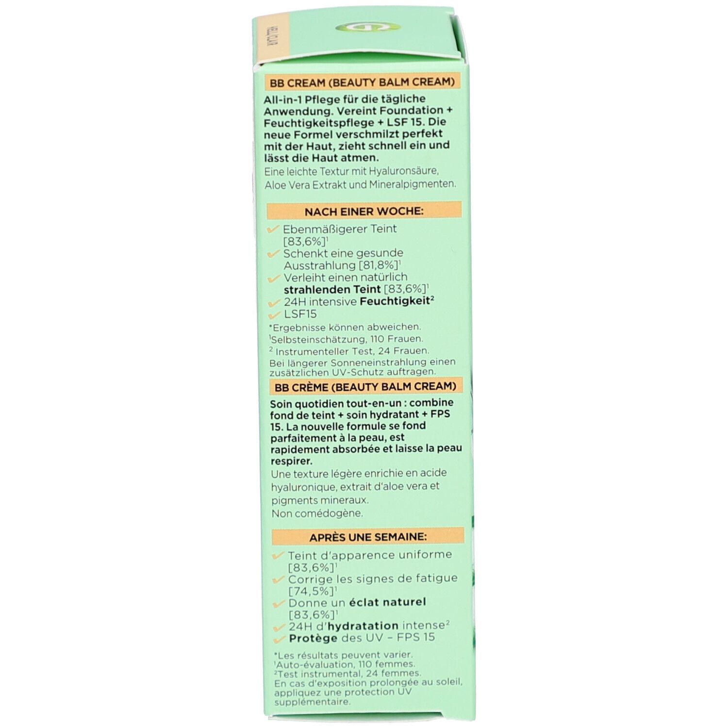 Dos de l'emballage Garnier BB Cream. Texte: BB Cream, Ingrédients, Résultats après une semaine, 24H hydratation.