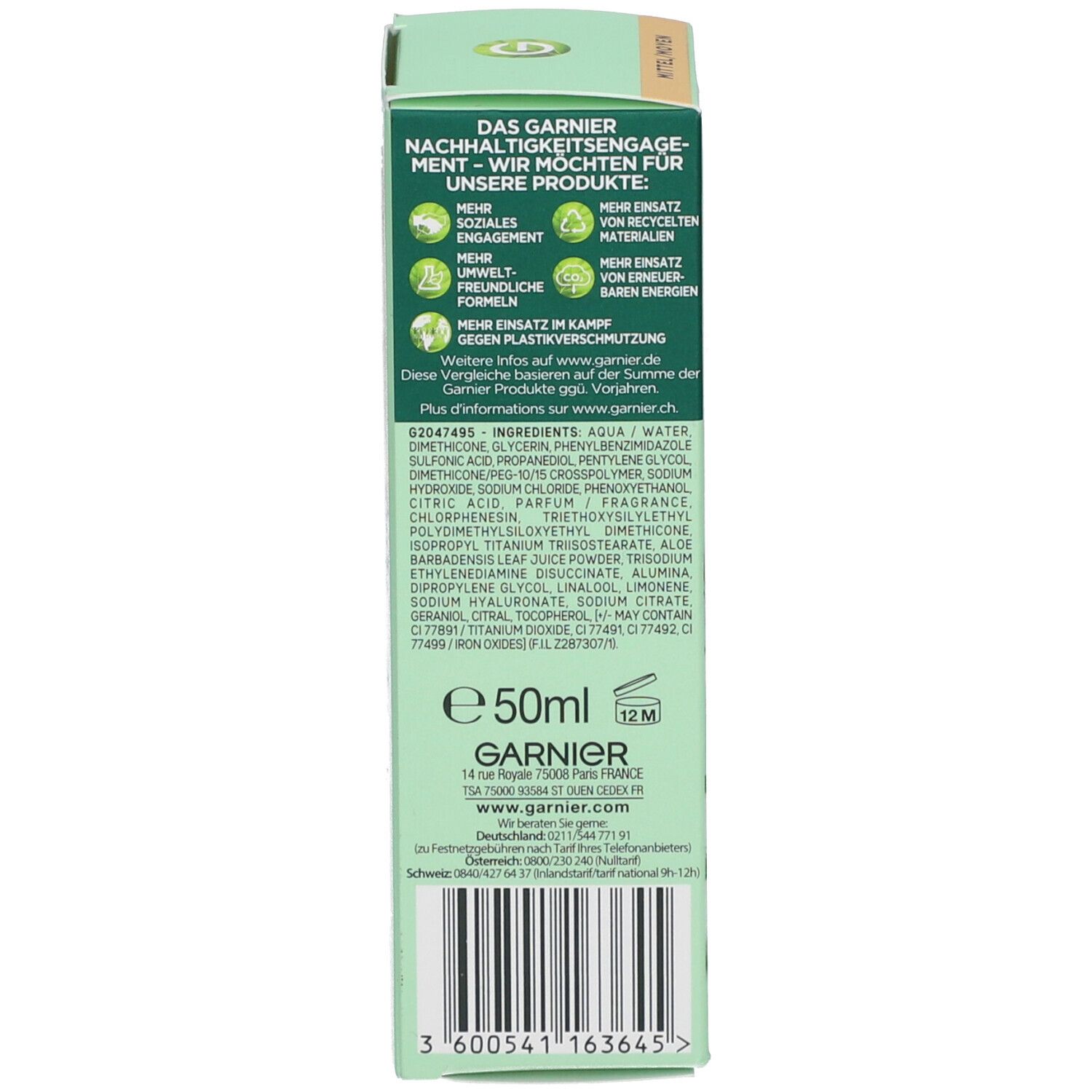 Rückseite der BB Cream Verpackung. Garnier. Nachhaltigkeits-Engagement. Inhaltsstoffe und Informationen.