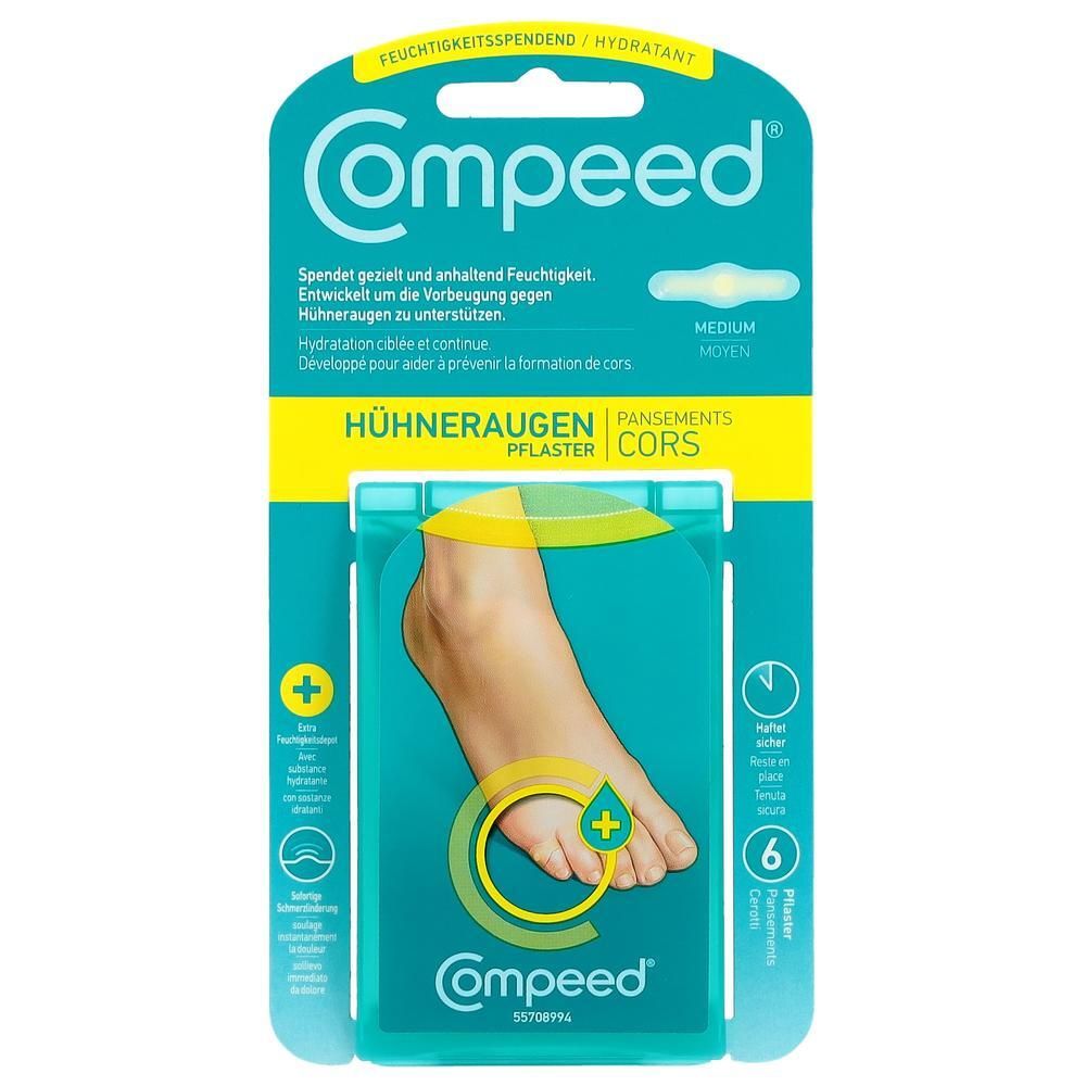 Verpackung mit Compeed Hühneraugenpflaster. Zeigt einen Fuß mit Pflaster. Enthält 6 Pflaster. Text: Feuchtigkeitsspendend.