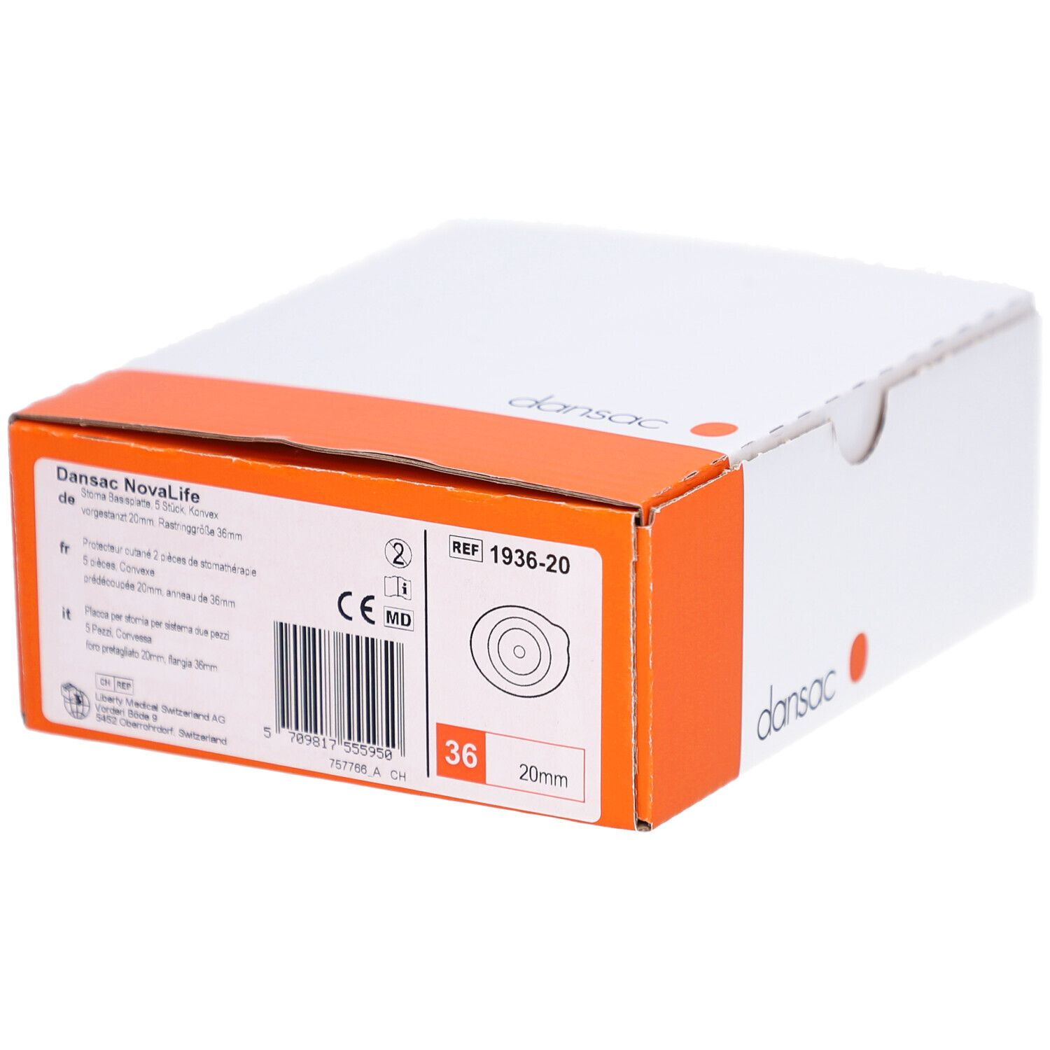 Verpackung von Dansac NovaLife. Weißer Karton mit orangefarbenen Akzenten. Produktinformationen und CE-Kennzeichnung.