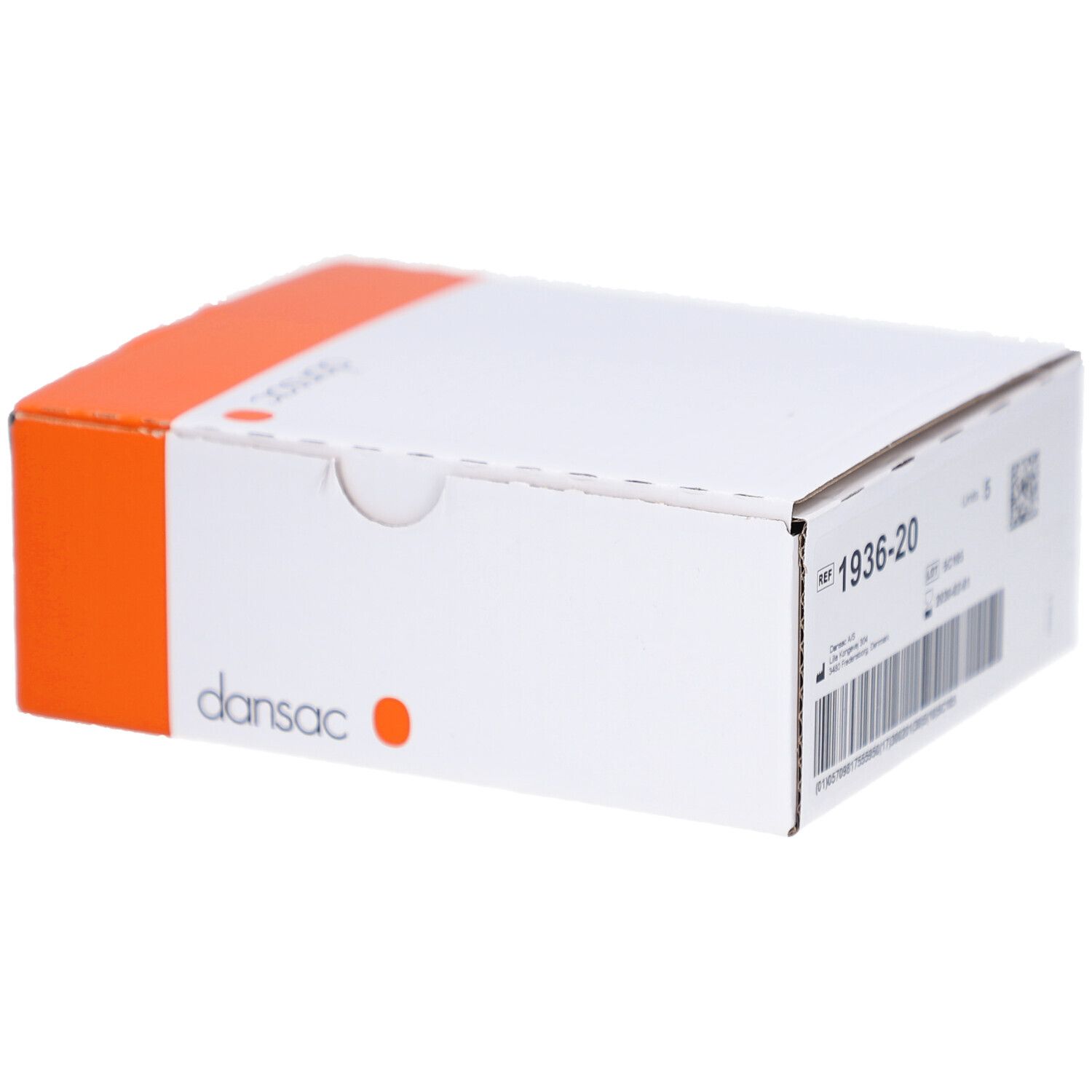 Dansac NovaLife-Verpackung. Weißer Karton mit orangefarbenem Streifen. Referenznummer 1936-20 und Dansac-Logo.