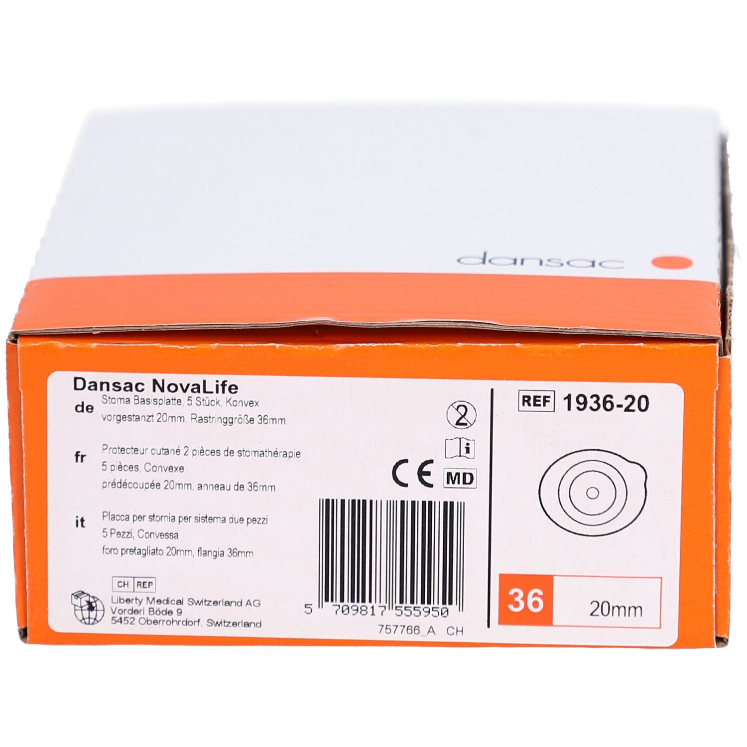 Dansac NovaLife-Verpackung. Produktinformationen, CE-Kennzeichnung, Referenz 1936-20, Größe 20mm und 36 Stück.