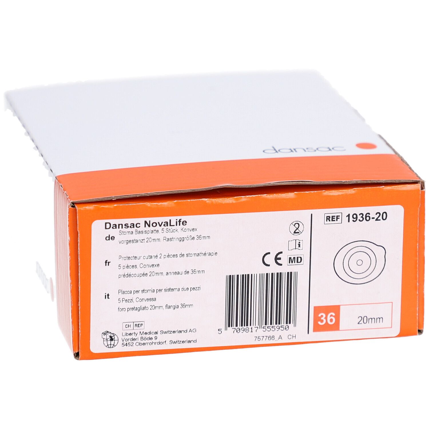 Dansac NovaLife-Verpackung. Produktinformationen, CE-Kennzeichnung, Referenz 1936-20, Größe 20mm und 36 Stück.