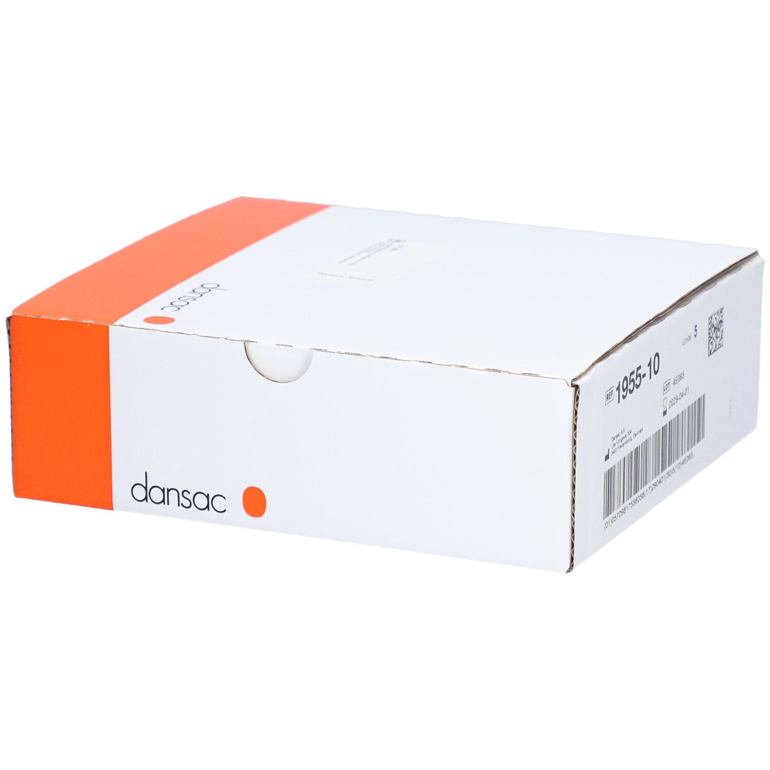Weiße Kartonverpackung mit orangefarbenem Akzent. Das Logo von Dansac ist sichtbar. Auf der Verpackung sind Produktinformationen und Barcodes abgebildet.