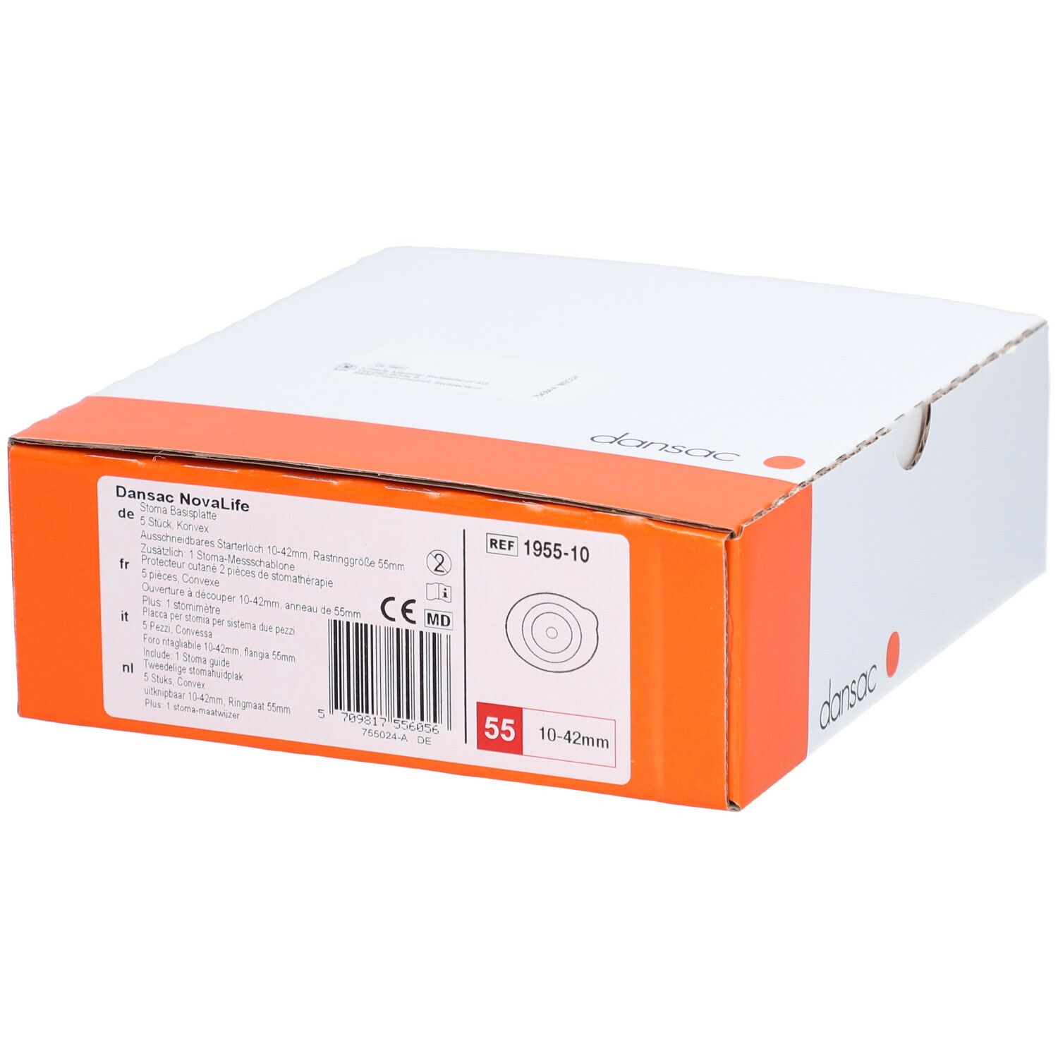 Kartonverpackung mit Produktinformationen. Dansac NovaLife 2, REF 1955-10, 55 10-42mm. CE-Kennzeichnung. Logo Dansac und Produktbeschreibung.