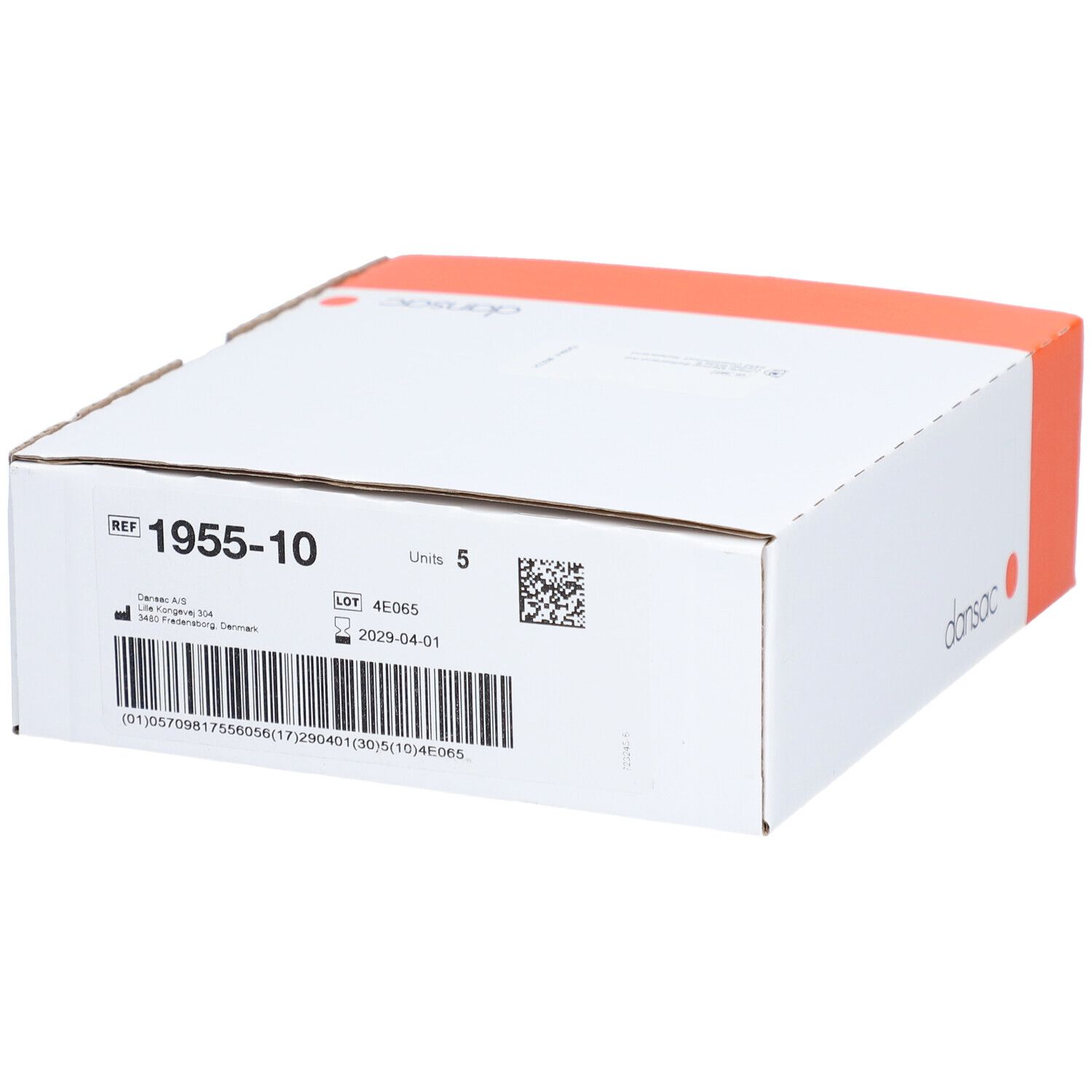 Kartonverpackung mit Produktinformationen. REF 1955-10, Los 4E065, 2029-04-01. Dansac-Logo. Barcode und QR-Code.