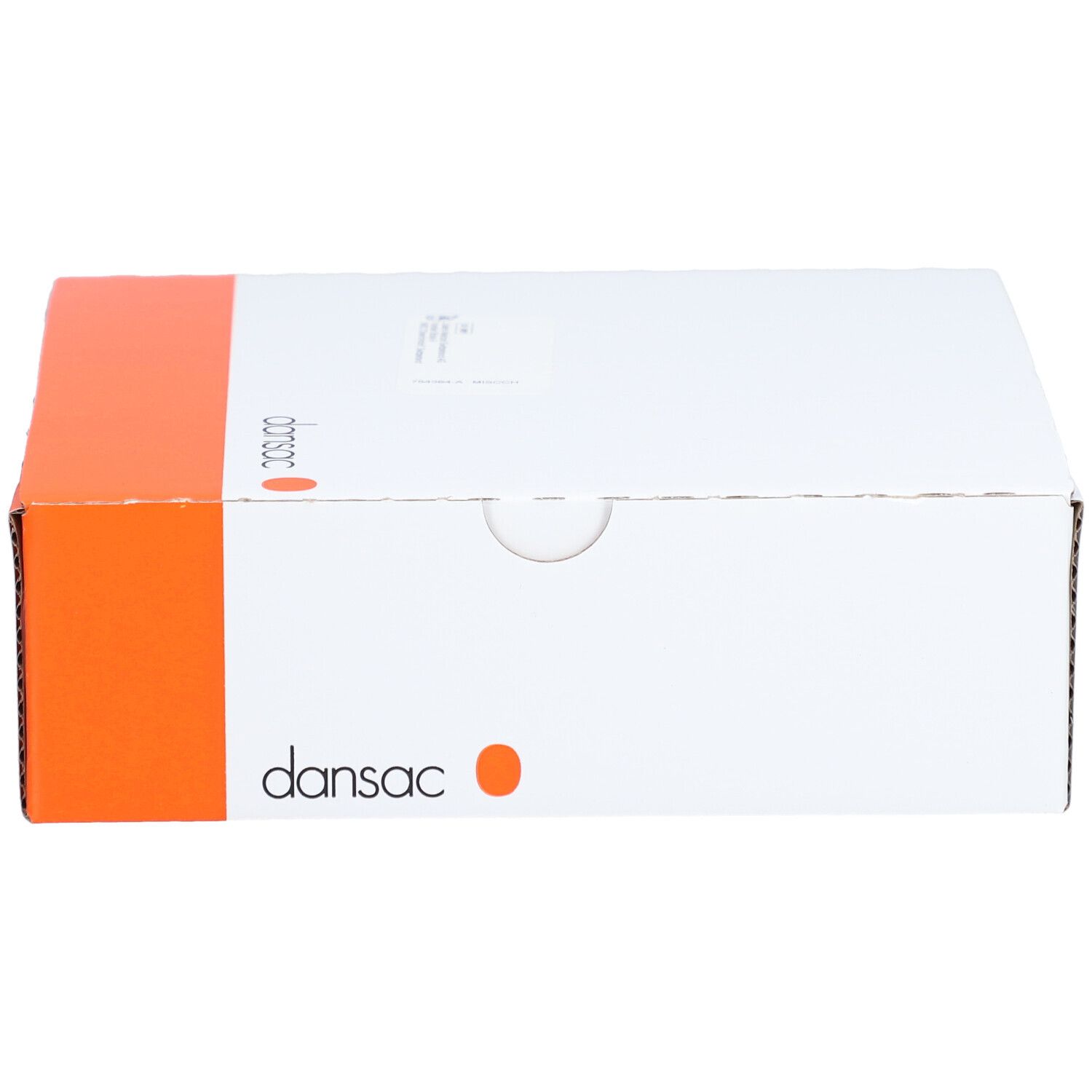 Weiße Kartonverpackung mit orangefarbenem Akzent. Dansac-Logo sichtbar. Produktinformationen auf der Verpackung.