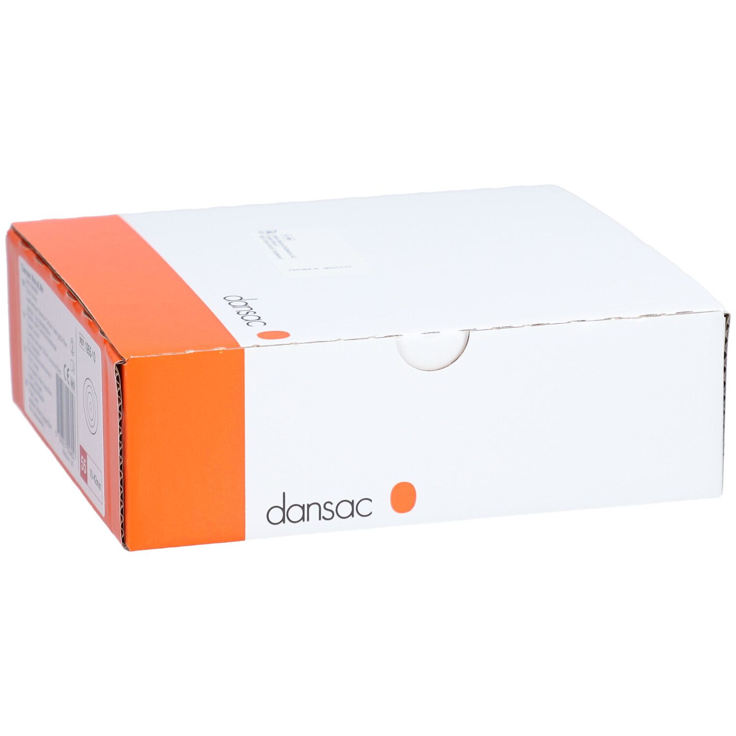 Weiße Kartonverpackung mit orangefarbenem Akzent. Dansac-Logo sichtbar. Produktinformationen auf der Verpackung. REF 23762C.
