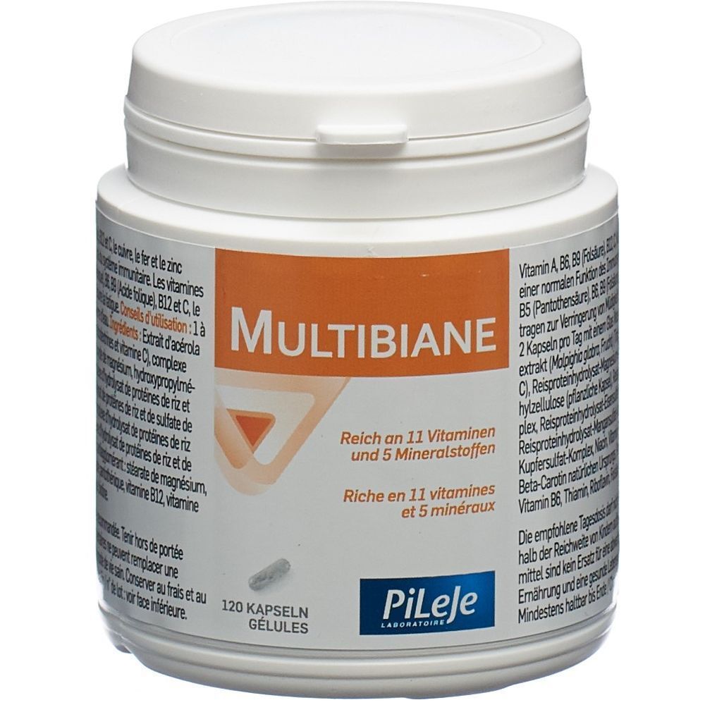 Weiße Dose mit "Multibiane"-Etikett. Enthält 120 Kapseln. Orangefarbenes Etikett mit Produktinformationen.