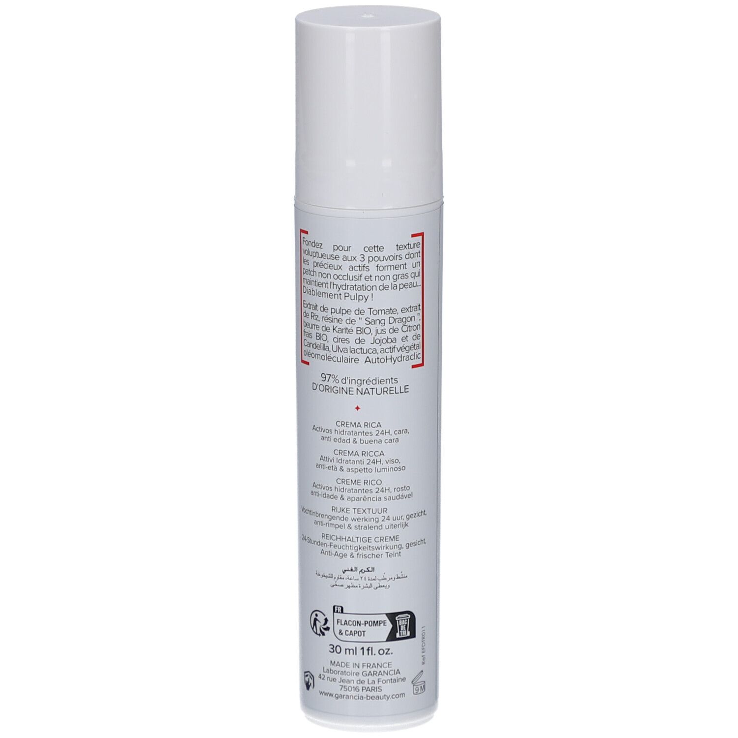 Tube blanc GARANCIA Diabolique Tomate Crème Riche. Texte, 30 ml. Bouchon blanc.