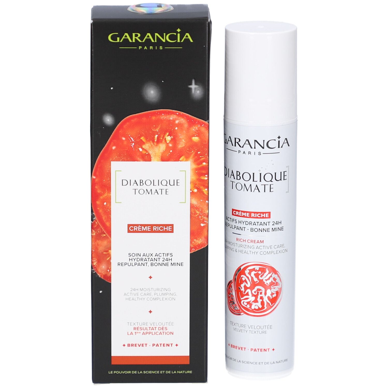 GARANCIA Diabolique Tomate Crème Riche, tube et boîte. Boîte noire, illustration de tomate rouge.