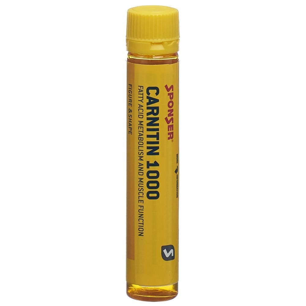 Gelbe Ampulle mit gelber Kappe. Aufschrift: SPONSER Carnitin 1000. Für Fettstoffwechsel und Muskelfunktion.