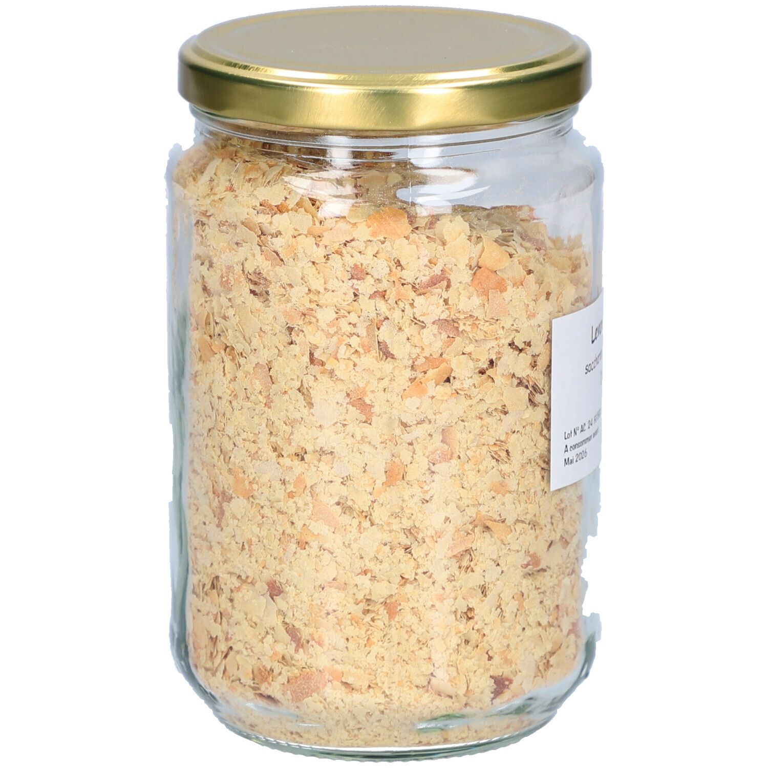 Pot de levure de bière. Couvercle doré. Étiquette avec informations sur le produit. Marque hima la vie.