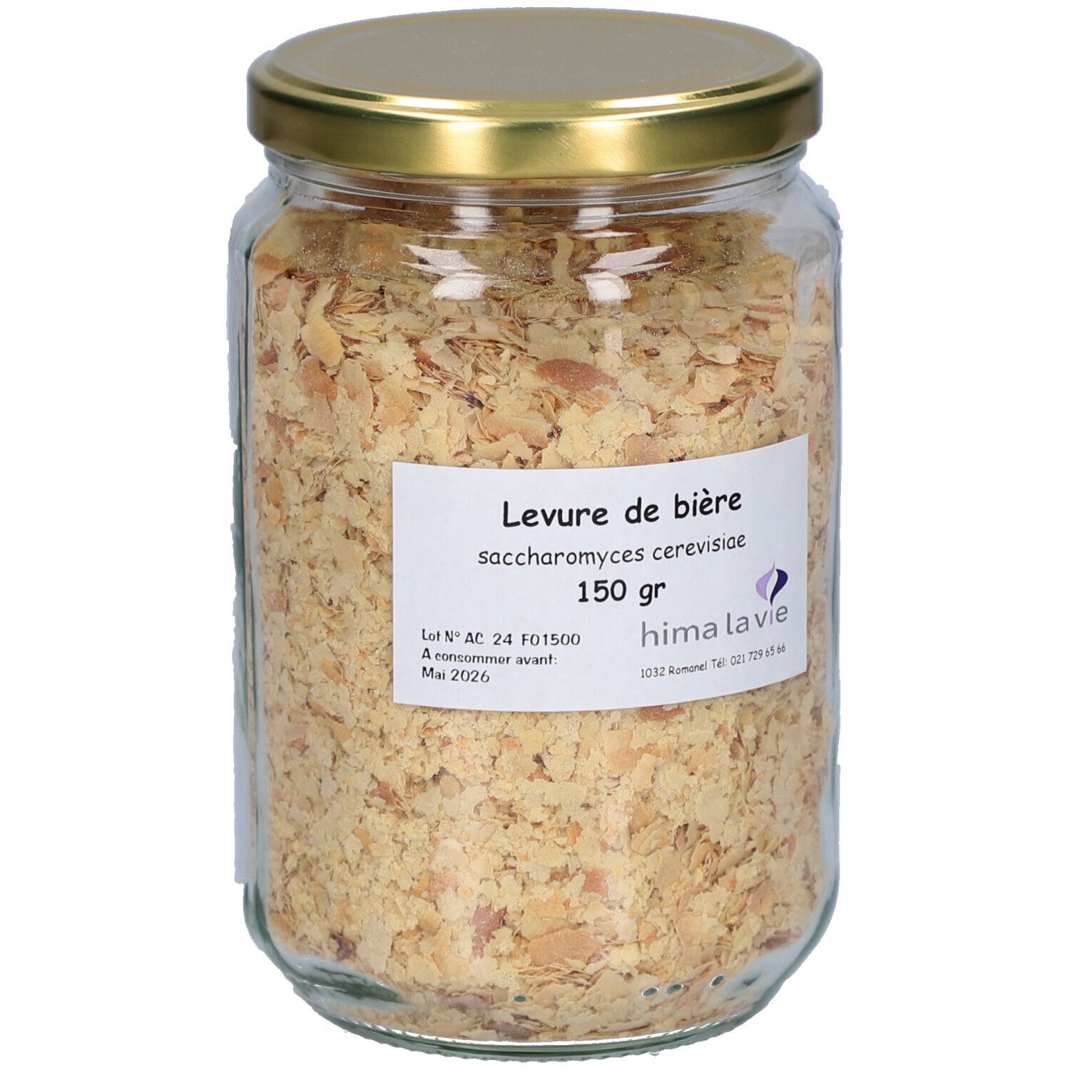 Pot de levure de bière, 150 g. Étiquette avec nom du produit, ingrédients et marque hima la vie. Couvercle doré.