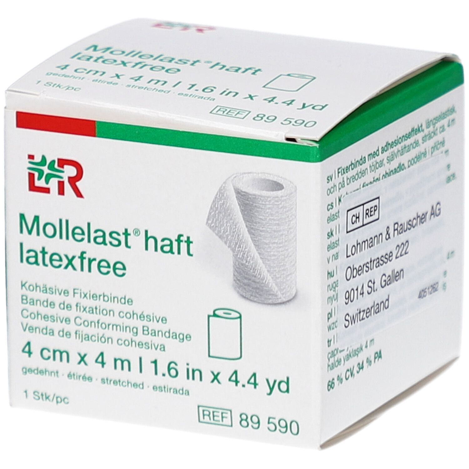 Boîte blanche avec rouleau de bandage. Texte: Mollelast haft latexfree, 4 cm x 4 m. Fabricant: Lohmann & Rauscher. Avec accent vert.