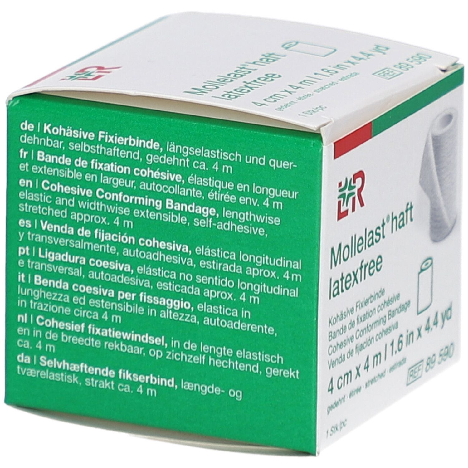 Boîte avec texte multilingue. Texte: Bande de fixation cohésive, 4 m. Fabricant: Lohmann & Rauscher. Avec accent vert.