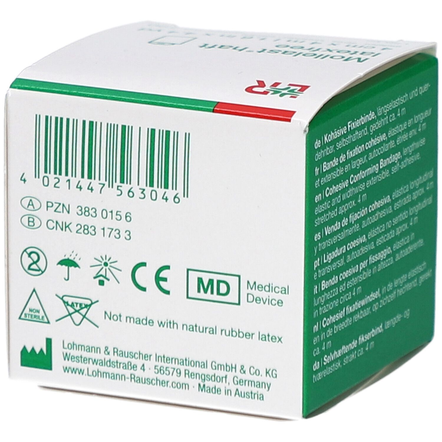 Dos de la boîte. Texte: CE, MD Medical Device, pas en caoutchouc naturel. Fabricant: Lohmann & Rauscher International GmbH & Co. KG.