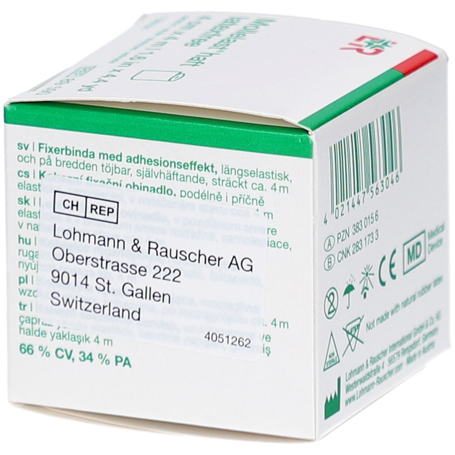 Boîte avec texte multilingue. Texte: Bande de fixation, 4 m. Fabricant: Lohmann & Rauscher AG, Suisse. Avec accent vert.