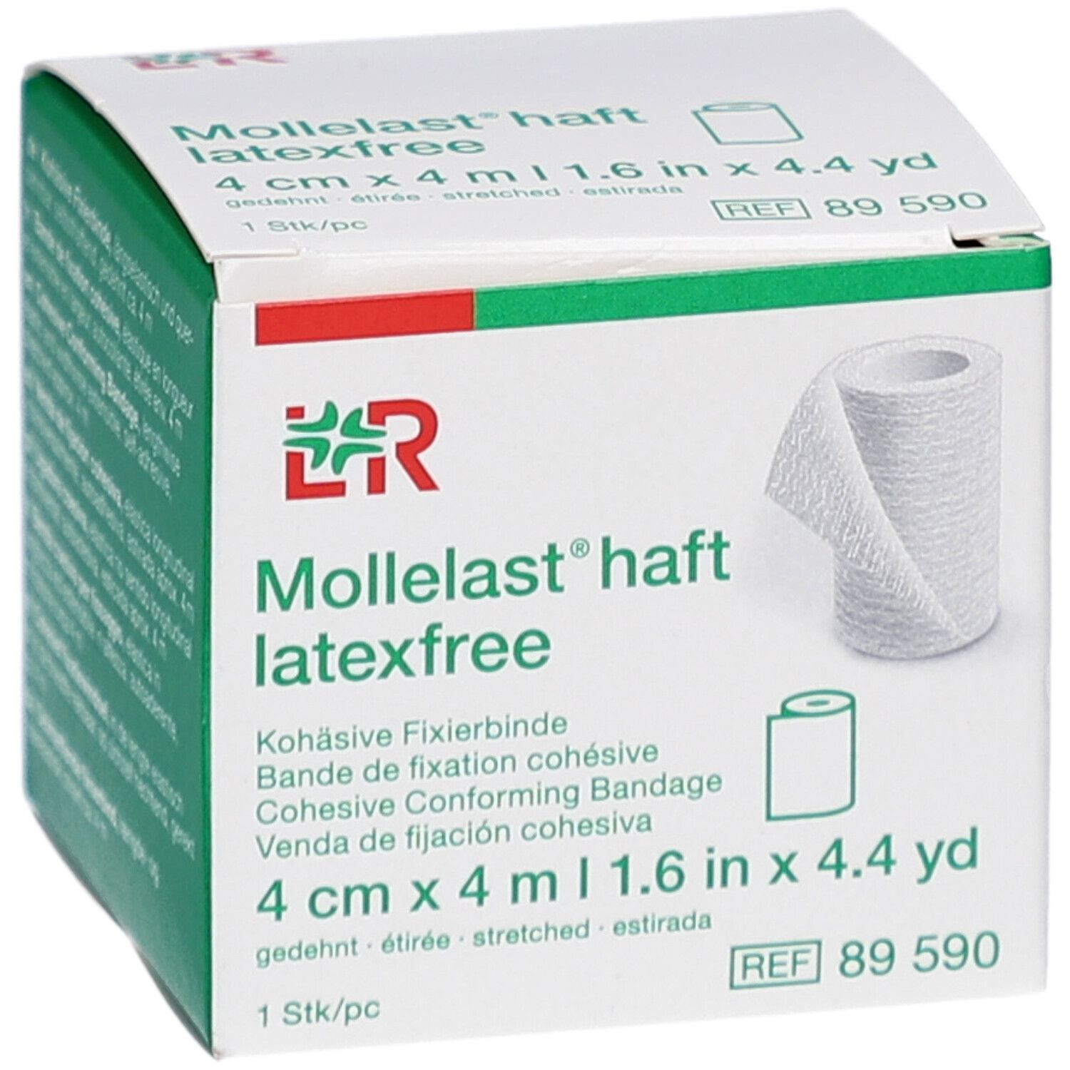 Boîte avec rouleau de bandage. Texte: Mollelast haft latexfree, 4 cm x 4 m. Avec accent vert.