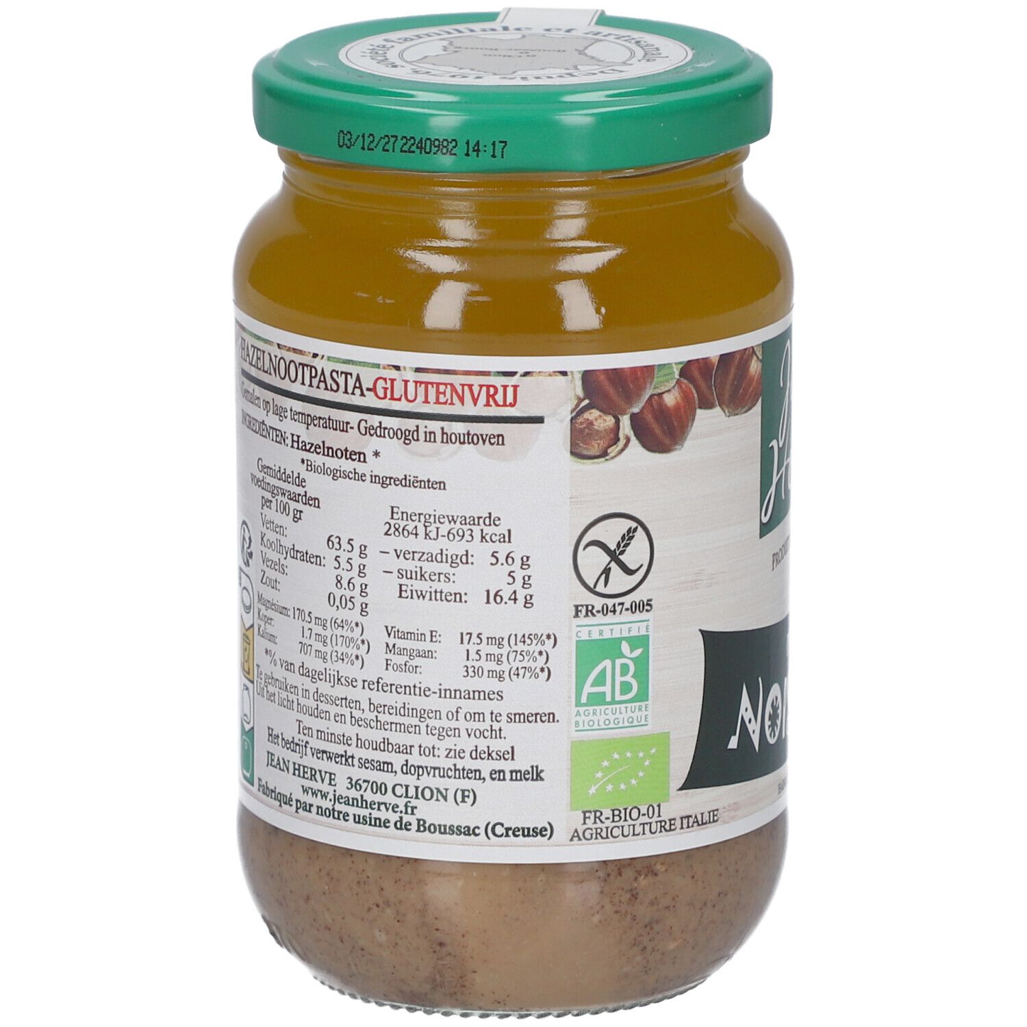 Rückseite des Glases mit Nährwertangaben und Zutaten. Glutenfrei-Zeichen und Bio-Siegel.